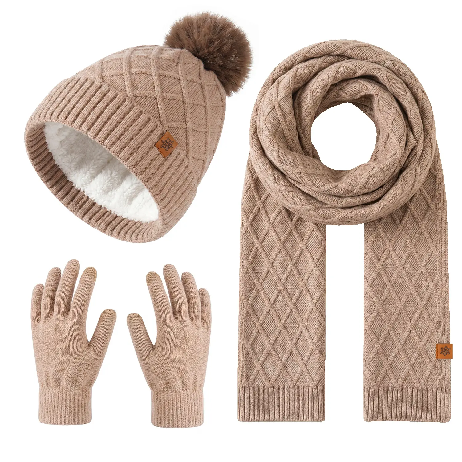 Womens 3 in 1 Winter Warm Knitted Hats Scarves Gloves Suits Fleece Lined Pom Pom Hat Soft Knit Scarf Stretch Knit Gloves Suitable For Outdoor Cycling Daily Commuting Skiing Walking Other Cold