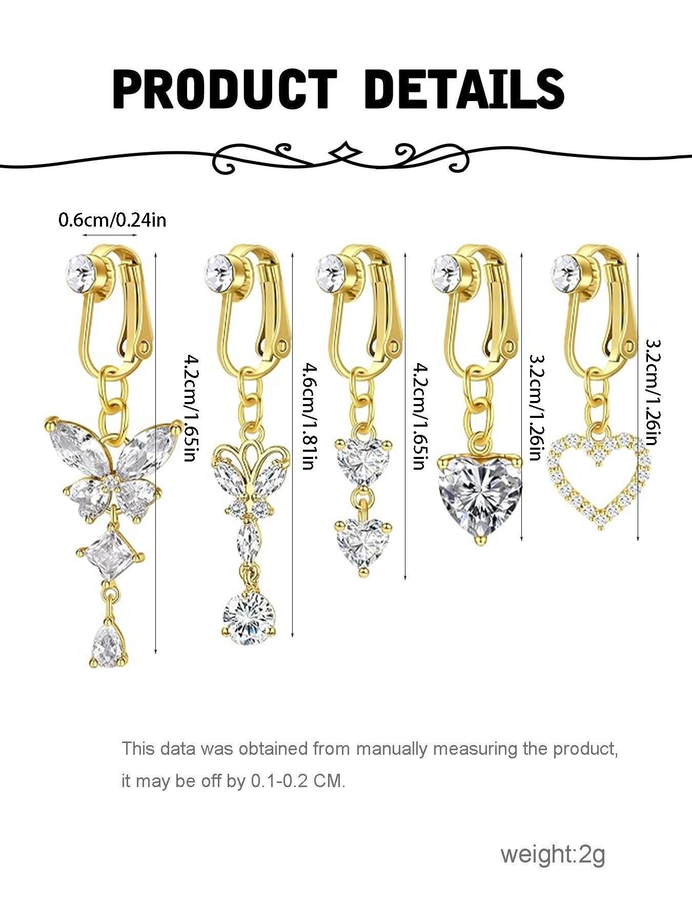 Rhinestone & Butterfly Decor Non-piercing Clip Belly Piercing Belly Button Rings, 5counts Belly Piercing Jewelry for Party, Daily Clothing Decor for Girl, As Birthday Gift for Back To School