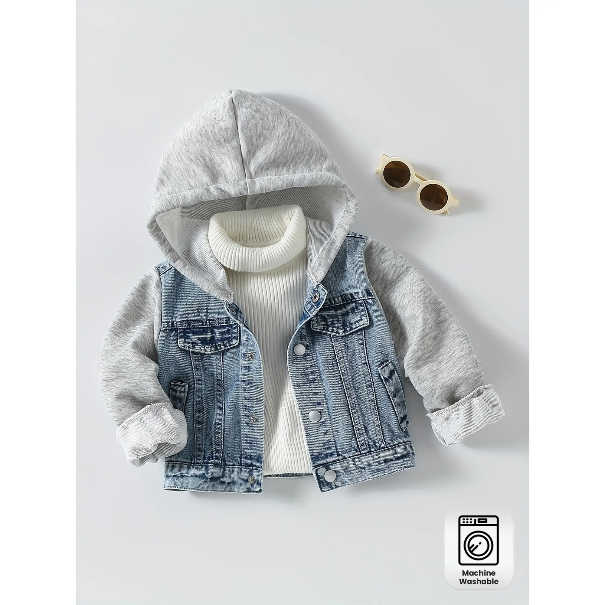 Light Blue Hooded Jacket with Washed-Out Blue Sleeves - Soft Non-Stretch Outer Coat Suitable for &, Machine-Washable Casual - Jacket