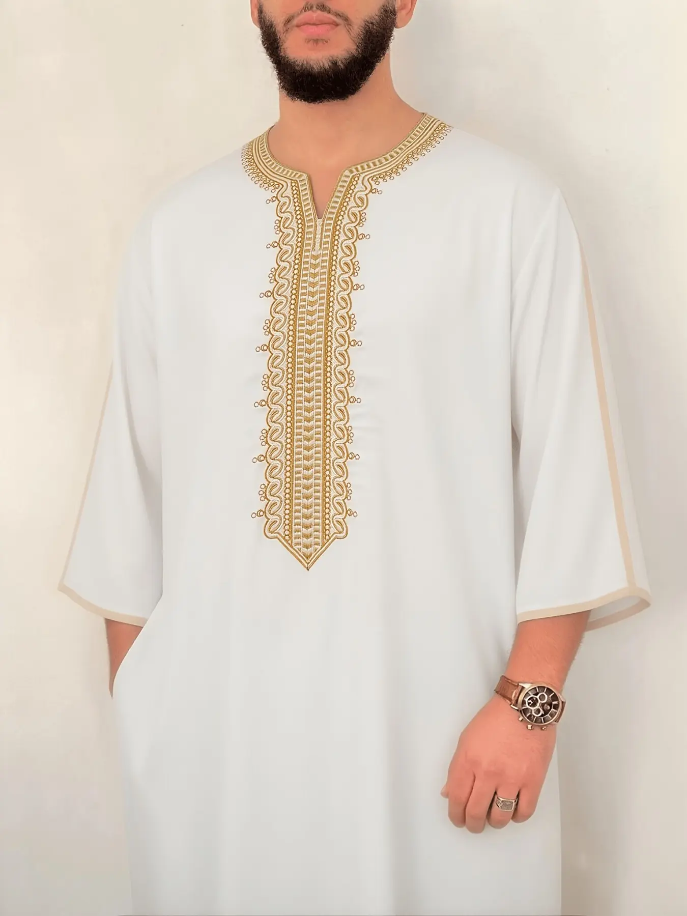 Elegant Embroidered Men's Traditional Robe, V-Neck Three Quarter Sleeve, Side Color Block Trim, Loose Fit Islamic Long Shirt, Daily Wear