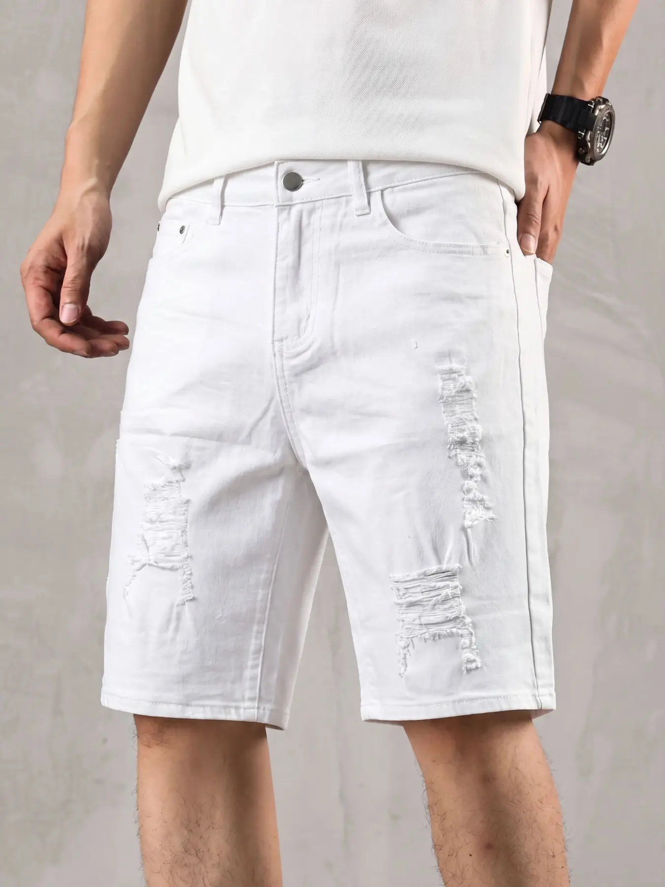 Men's Ripped Denim Jeans Shorts, Knee-Length, Casual Slim Fit Elastic Pocket Shorts, Summer Streetwear, Daily Wear with Raw Edge Rips