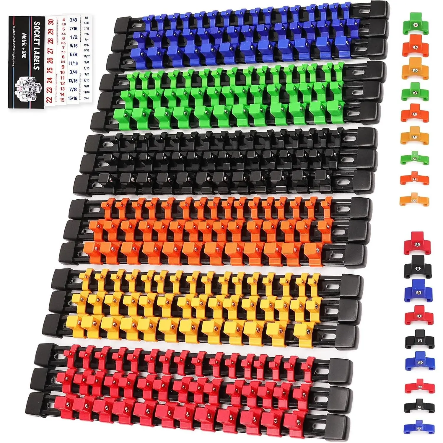 18-Piece Socket Organizer Set, 1/4-Inch x 96 Clips, 3/8-Inch x 90 Clips, 1/2-Inch x 72 Clips, Socket Trays and Holder Clip Rails for Tool Box Drawer