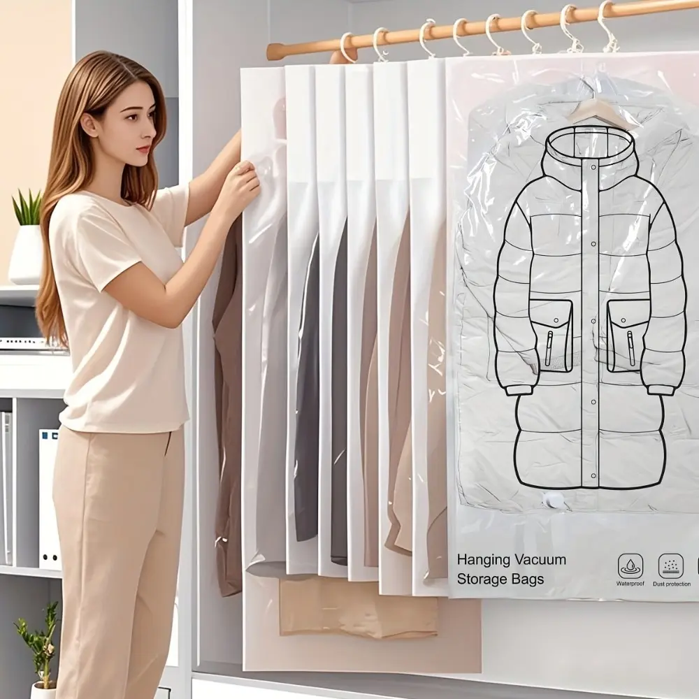 8 Pack Hanging Vacuum Storage Sealer Bags, White Transparent Space Saver Closet Organizer, Clothes Storage Bags for Suits Jackets Garments, 4 Long & 4 Short Vacuum Bags Set, Dustproof Moisture Proof Storage Pouch for Home Wardrobe & Travel Use