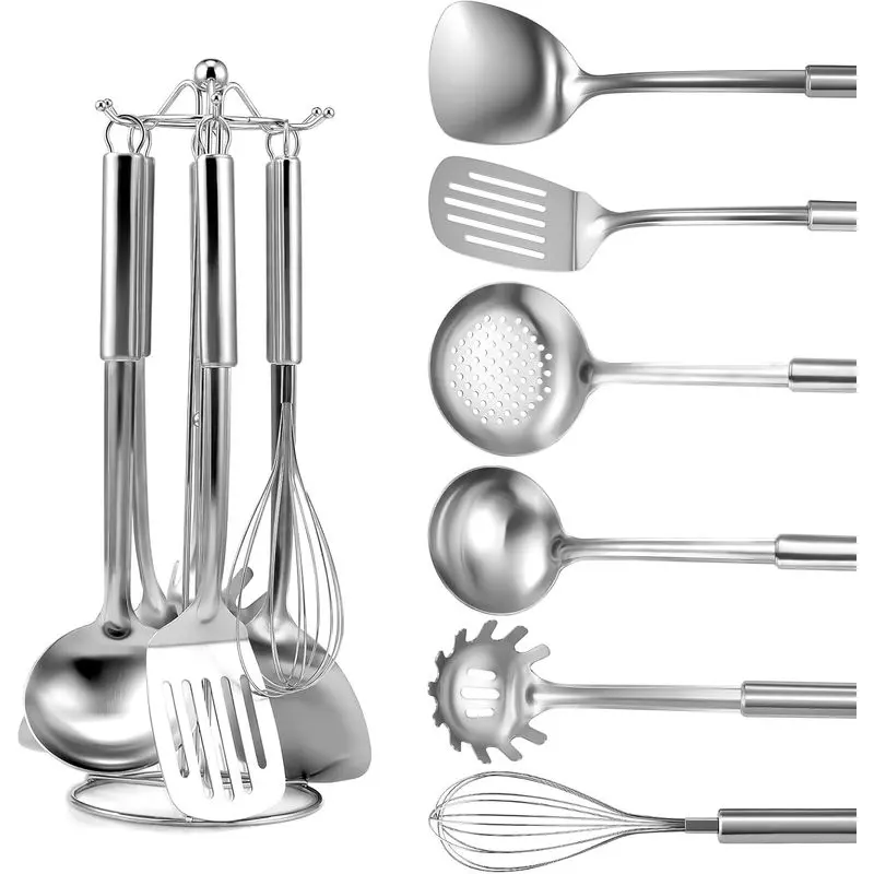 7-Piece Stainless Steel Kitchen Utensil Set, Cooking Tools with Hanging Holes, Spatula, Slotted Turner, Ladle, Slotted Spoon, Whisk and Pasta Server