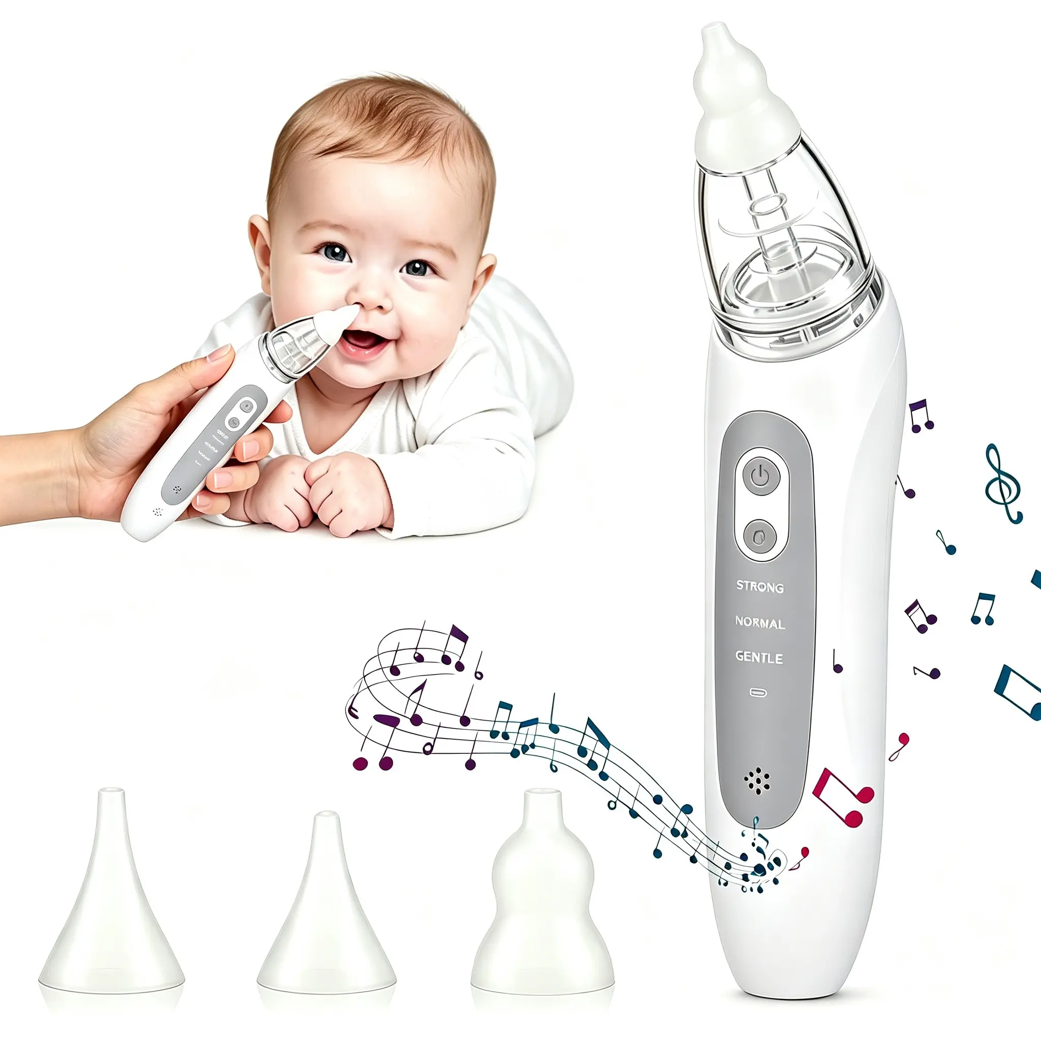 Rechargeable Baby Electric Nasal Aspirator, 3‑Suction‑Level Nasal Snot Cleaner with Calming Music, Detachable & Washable, Silicone Tips for Newborn Infant