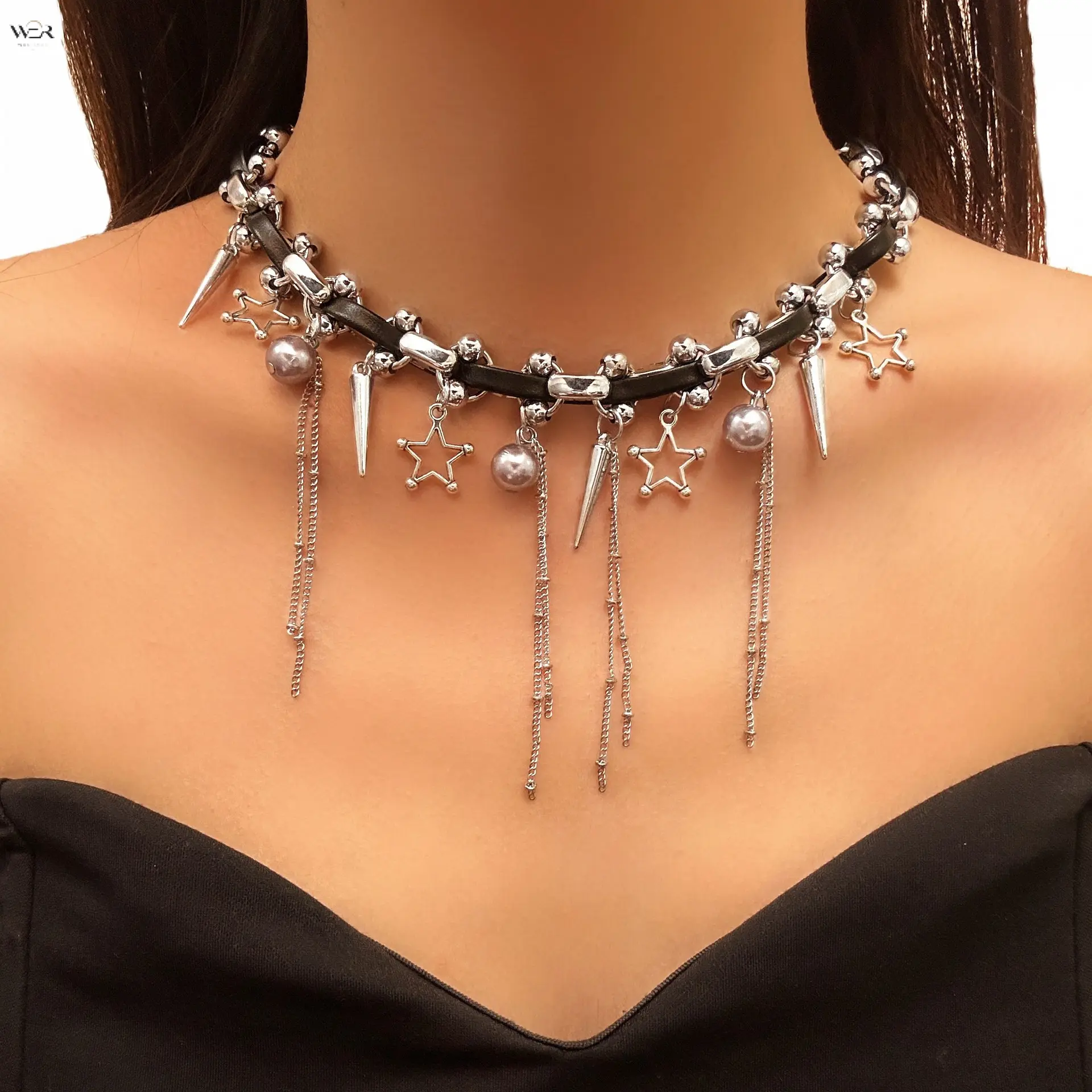 Punk Spiked Tassel Choker Necklace, Y2K Star Faux Pearl Pendant Mixed Chain with Leather Cord, Edgy Dark Grunge Adjustable Statement Neck Jewelry for Street Outfits