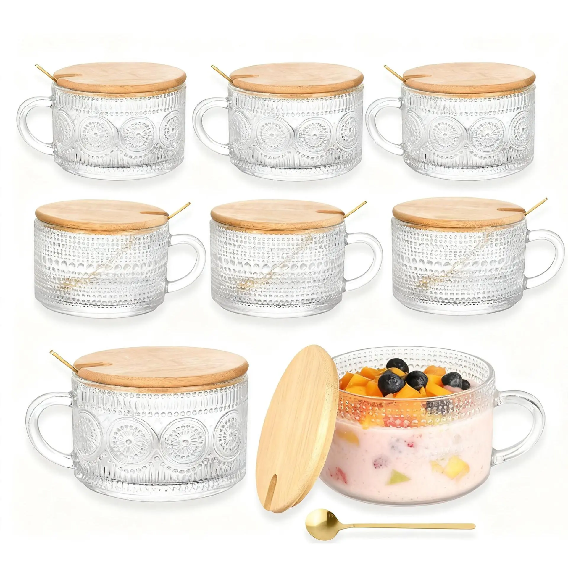 8 Pack 14oz Vintage Glass Coffee Mugs with Bamboo Lids and Spoons, Green Embossed Drinking Glasses for Iced Coffee, Tea, Latte