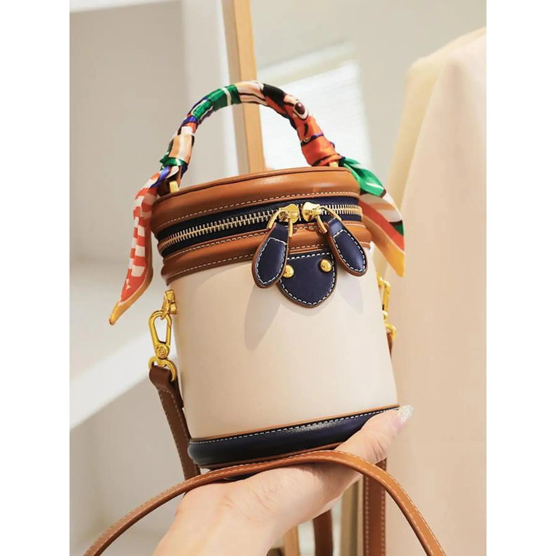 Women's Vintage Mini Bucket Bag, Color Block PU Leather Crossbody Handbag with Silk Scarf Handle and Detachable Strap