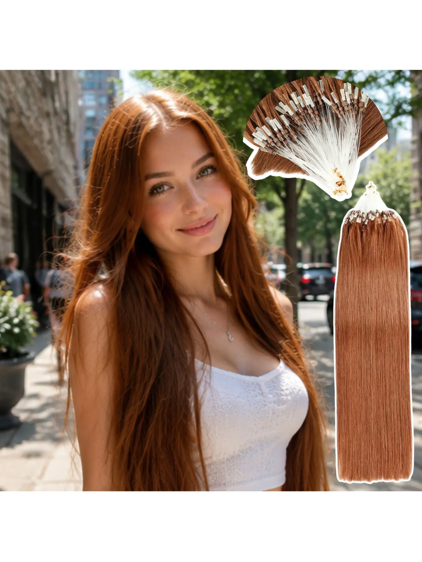 Color 30 Auburn Micro Loop Human Hair Extensions Copper Red Straight Fish Line Micro Bead 12 To 22 Inch 50g Trendy Fall Color For Black Women Tangle Free Natural Blend Adds Length And Volume Perfect For Halloween And Christmas Real Hair Extensions