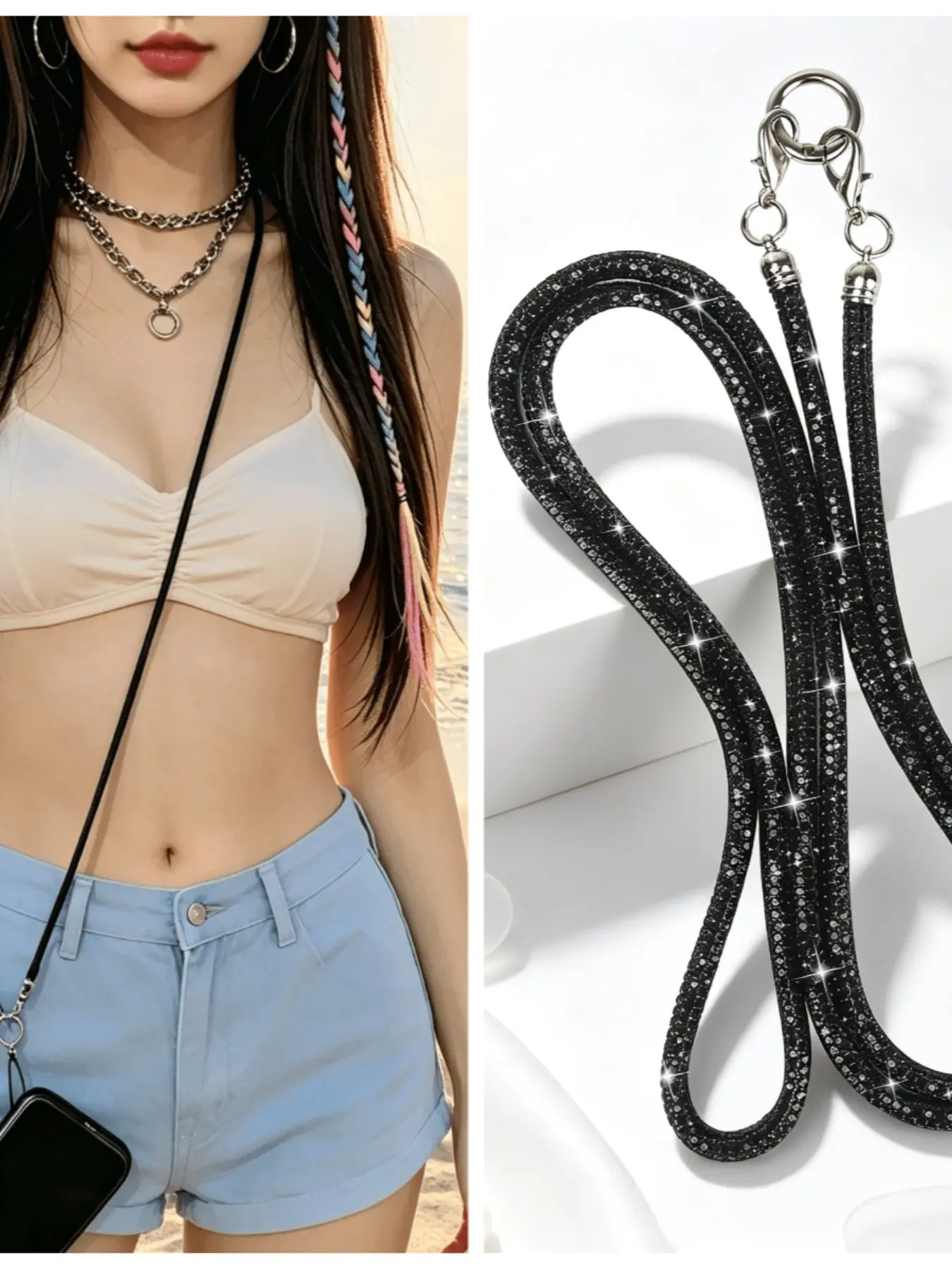 Women's Luxury Rhinestone Phone Strap, Fashion Crossbody Chain, Long Neck Pendant Rope, Sparkling Short Bracelet, Outdoor Style