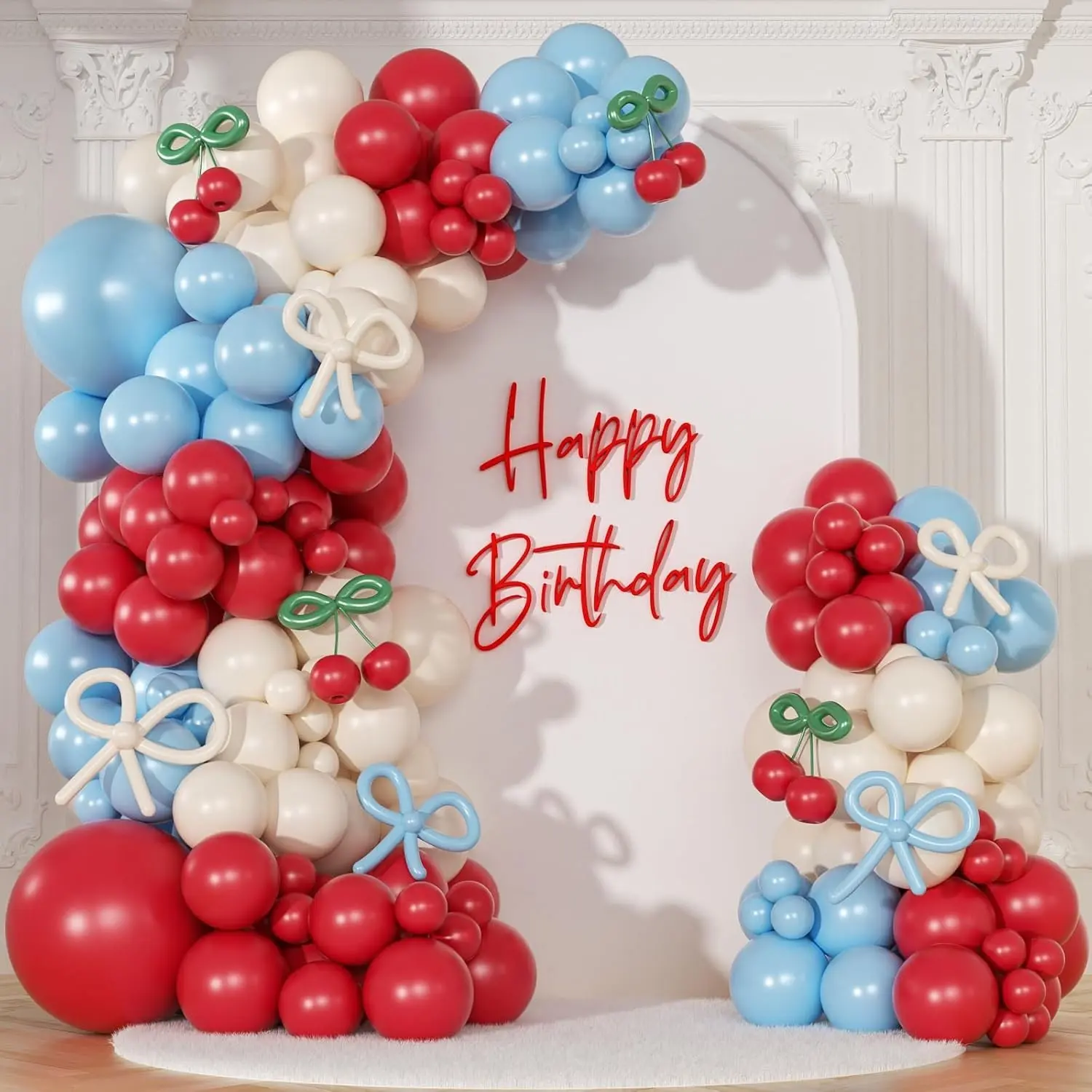 CROSSFINGERS Cherry Red and Blue Balloon Arch Kit Cherry Party Decorations | 150pcs Bow Light Mist Blue Red White Balloons Garland Kit for Cherry Baby Shower Wedding Bridal Shower Birthday Decors