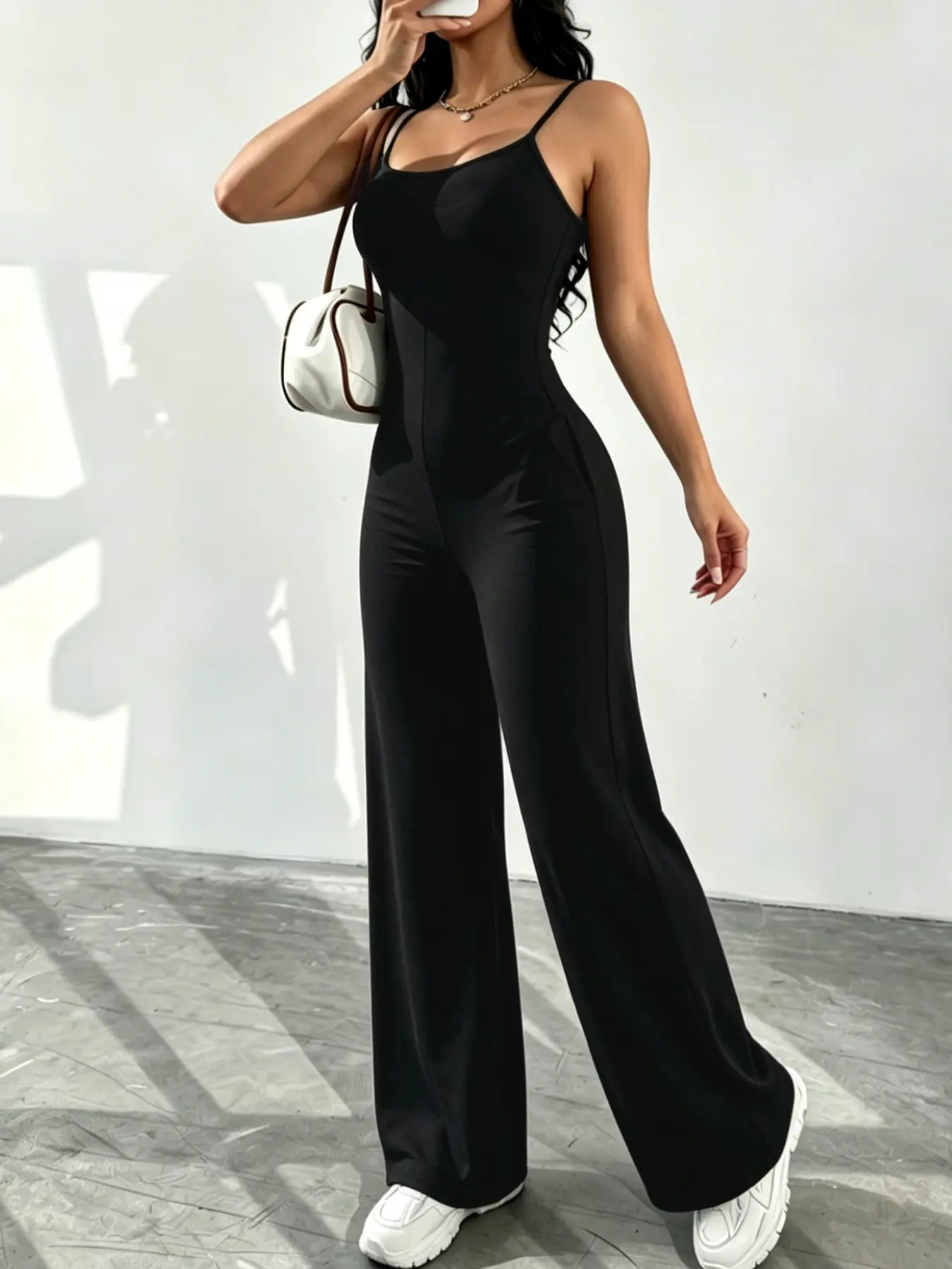 Adjustable Strappy Plain Fashion Jumpsuit, Sleeveless with Pockets, Natural Waist, Casual Long/regular Length, All Seasons Wear