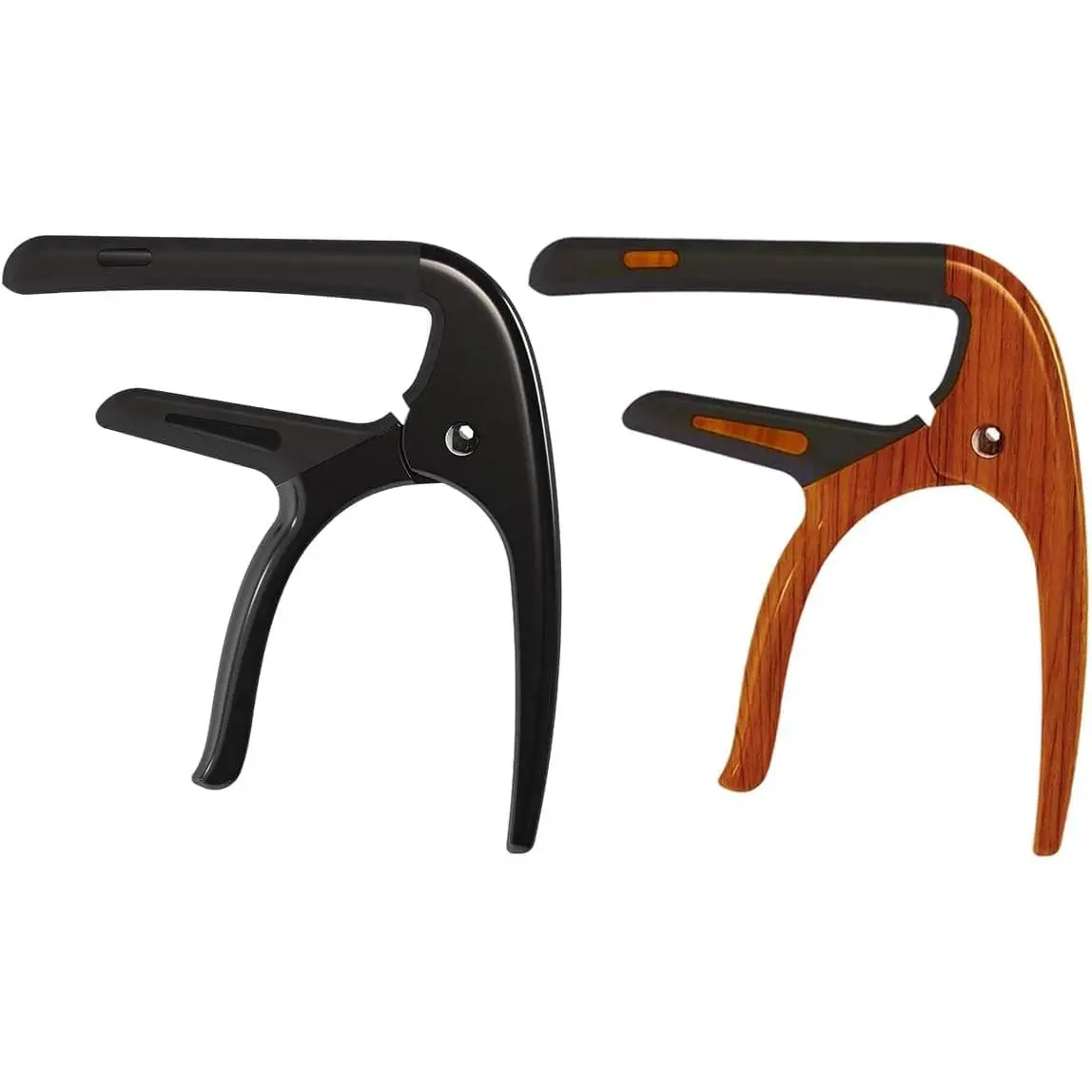 Guitar Capo Set (2 Black, 2 Wood Grain) - Crisp & Consistent Performance, Fits 6-String Acoustic, Electric Guitars & Banjos, Grain-Finish Music Accessory