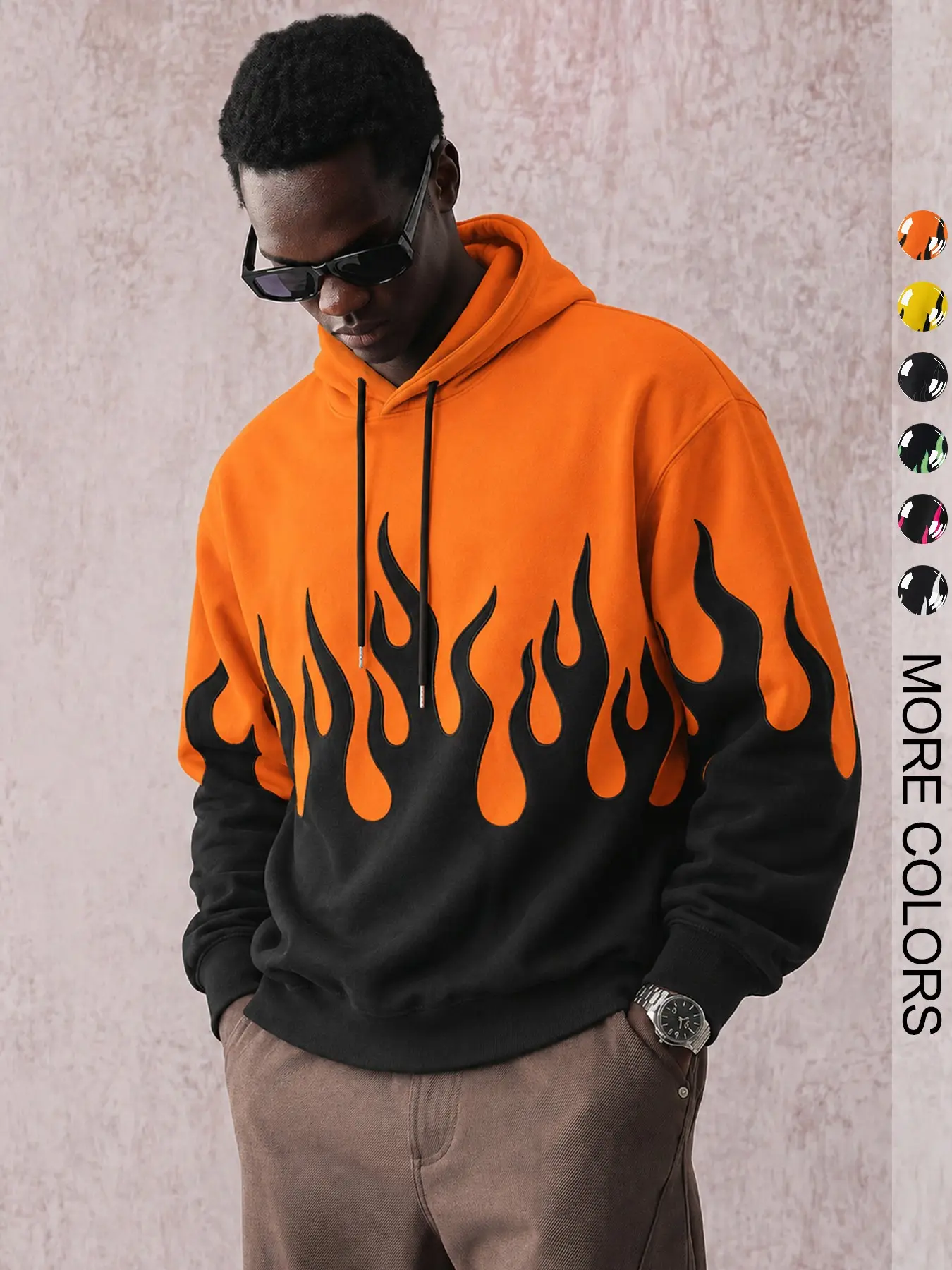 Men's Long Sleeve Hoodie, Casual Print Hoodie, Casual Loose-Fit Pullover, Flame Pattern, Comfortable Streetwear, Ideal for Daily Activities, Outdoor & Travel