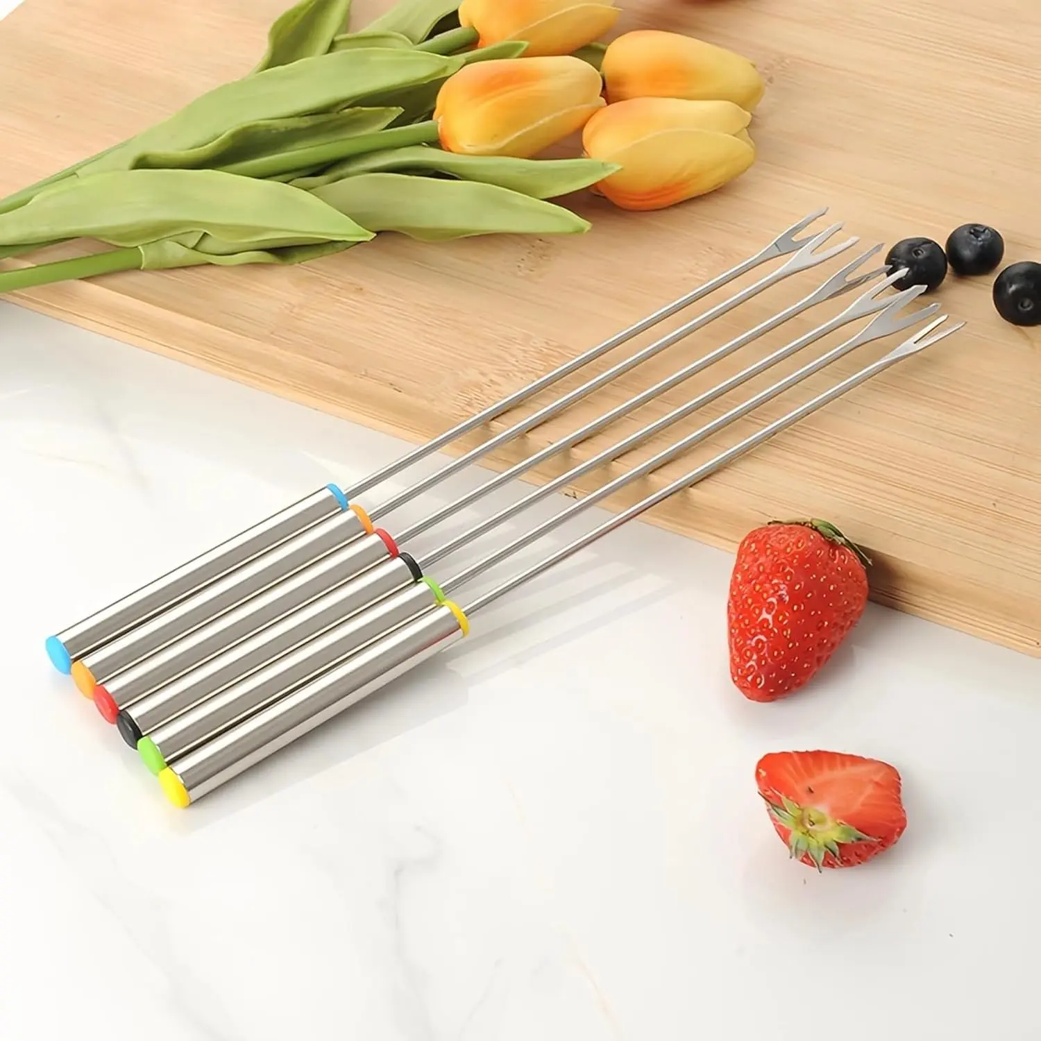 6PCS Stainless Steel Fondue Forks - 9.5 Inch, Colored Coding, Set of 6 for Hot Pot, Barbecue, Fruits, Vegetables