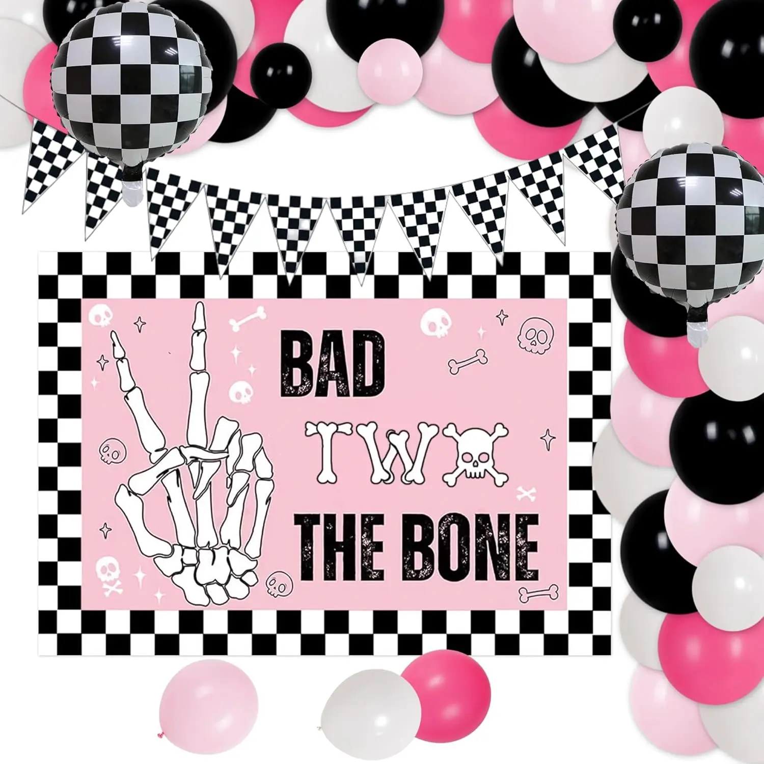 Black Pink 2nd Birthday Backdrops & Banners, Music-Theme Rock-n-Roll Skeleton "Bad to the Bone" Party Supplies (Home, Festive Use)