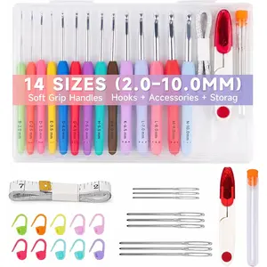 Crochet Hooks Set, 14 Sizes 2.0–10.0mm, Soft  Grip  Crochet Hooks, Color-Coded & Size Marked, 10  Markers, 9 Yarn , , Storage Box