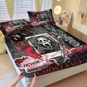 Gothic Dark Style Fitted Sheet Set, Comfy Bed Sets, 1 Bedspread and 2 Pillowcases, Horror Ghost Face Red Rose Print Mattress Cover, Thriller Lovers Bedroom Bed Sheet, Non-Slip, Soft and Skin-friendly, All Seasons Use, Washable without Fading