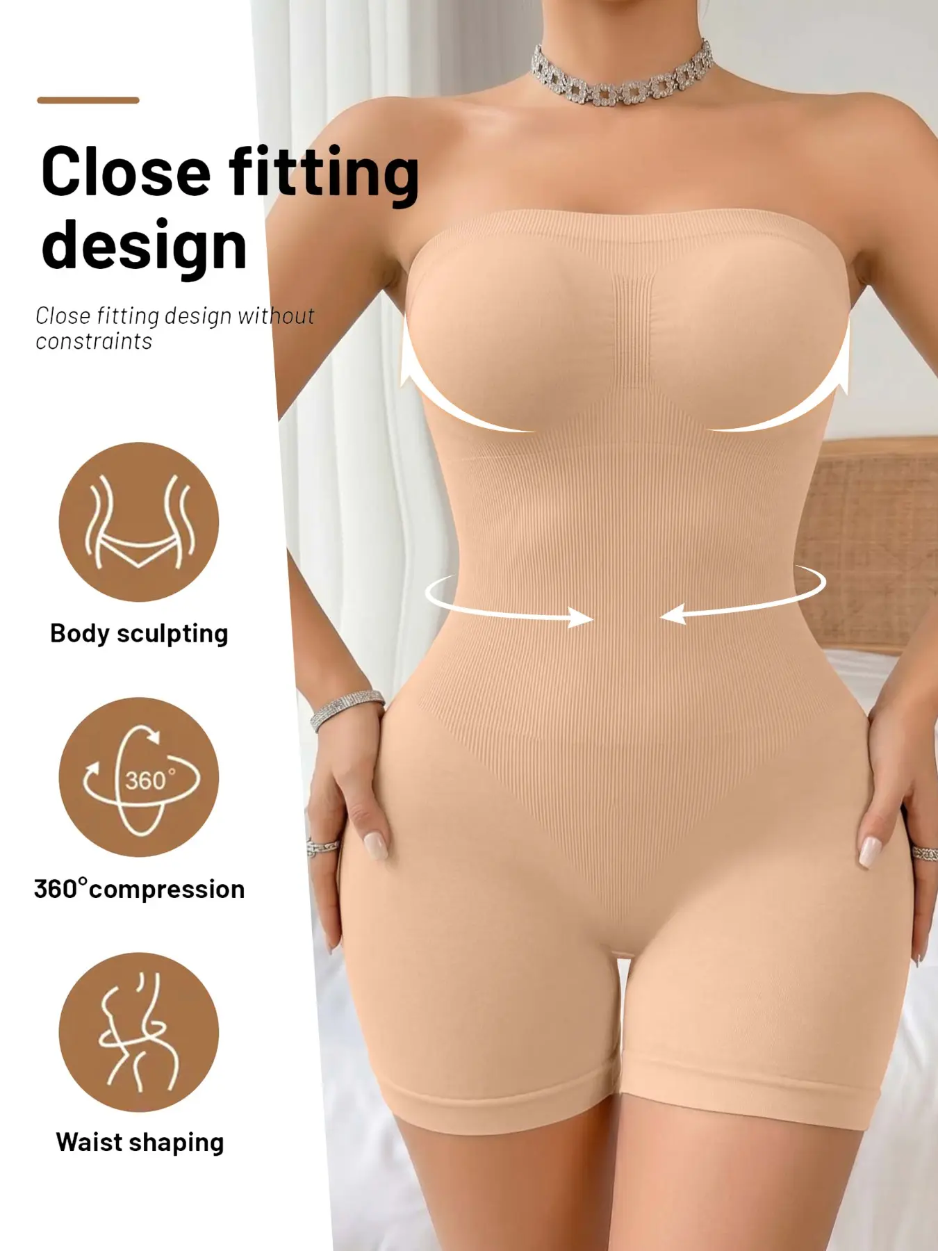 Strapless Tube Top Ribbed Mid Thigh Body Shaper, 360 Degree Compression Tummy Control Waist Cincher Bust Support Bodysuit, Butt Lifting Thigh Slimming Shapewear Under Dresses Gowns