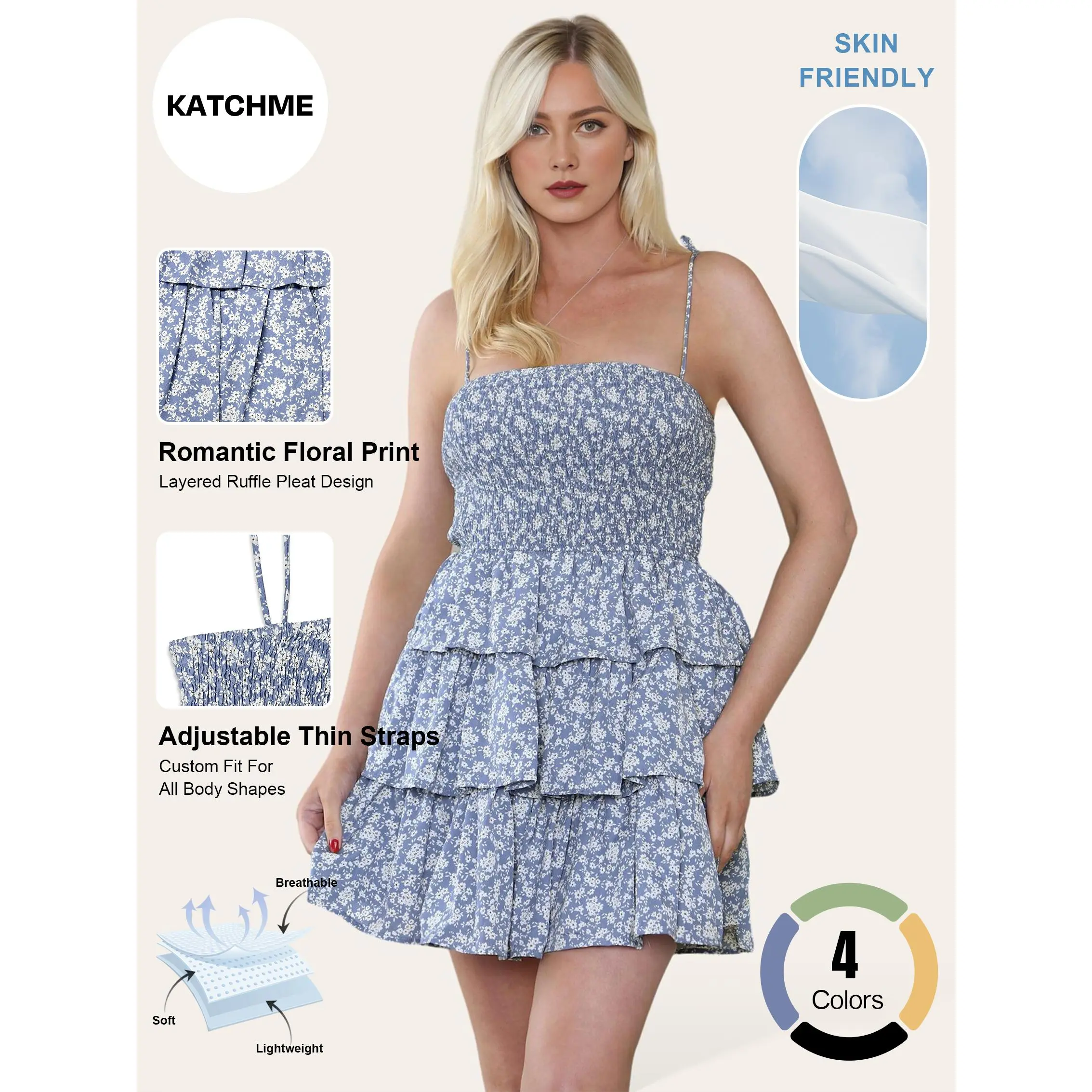 Katch Me Women's Boho Lovely Spaghetti Strap Floral Print Layered Mini Dress, Bohemian Going Out Dress for Spring & Summer, Holiday Dresses
