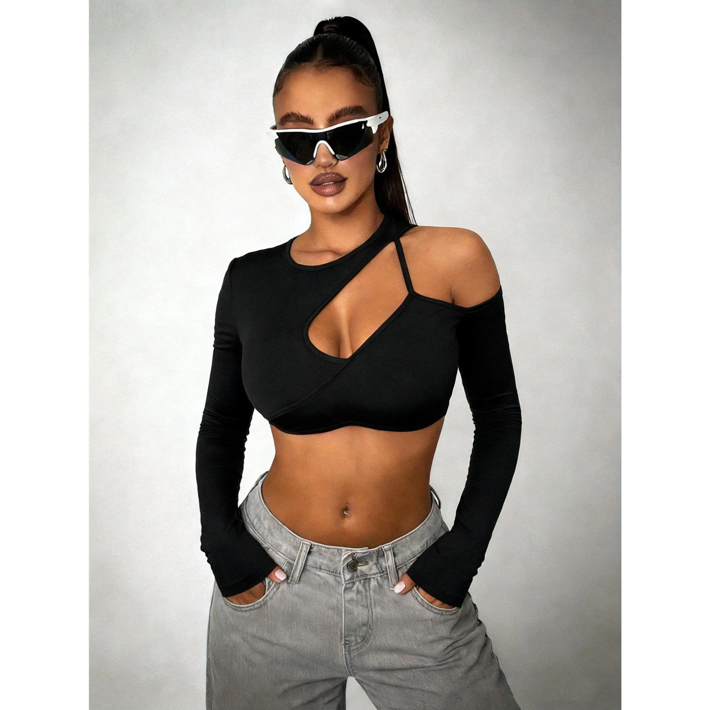 [Long-Sleeve Cutout Design] Fitted Cropped One-Shoulder Top| Long-Sleeve with Large Cutouts| Exposes Waist,date,night,dolman,tops