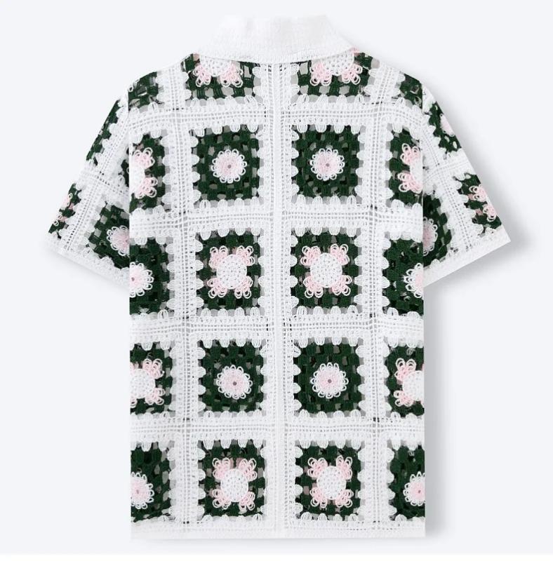 Kyn Apparel Summer Men Knitted Hollow Out Polo Shirt Fashion Short Sleeve Cardigan Tops French Retro Ethnic Premium Crochet Knitting Shirts