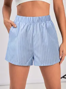 Soft Breathable Skin Friendly Poplin Cotton Loose High Waist Elastic Waistband No Tight Binding Daily Loungewear Bedroom Nightwear Casual Going-out Light Blue Vertical StripedShorts Relaxed Wide Leg Comfortable Sleep Bottoms Casual Home Relax Short Pants