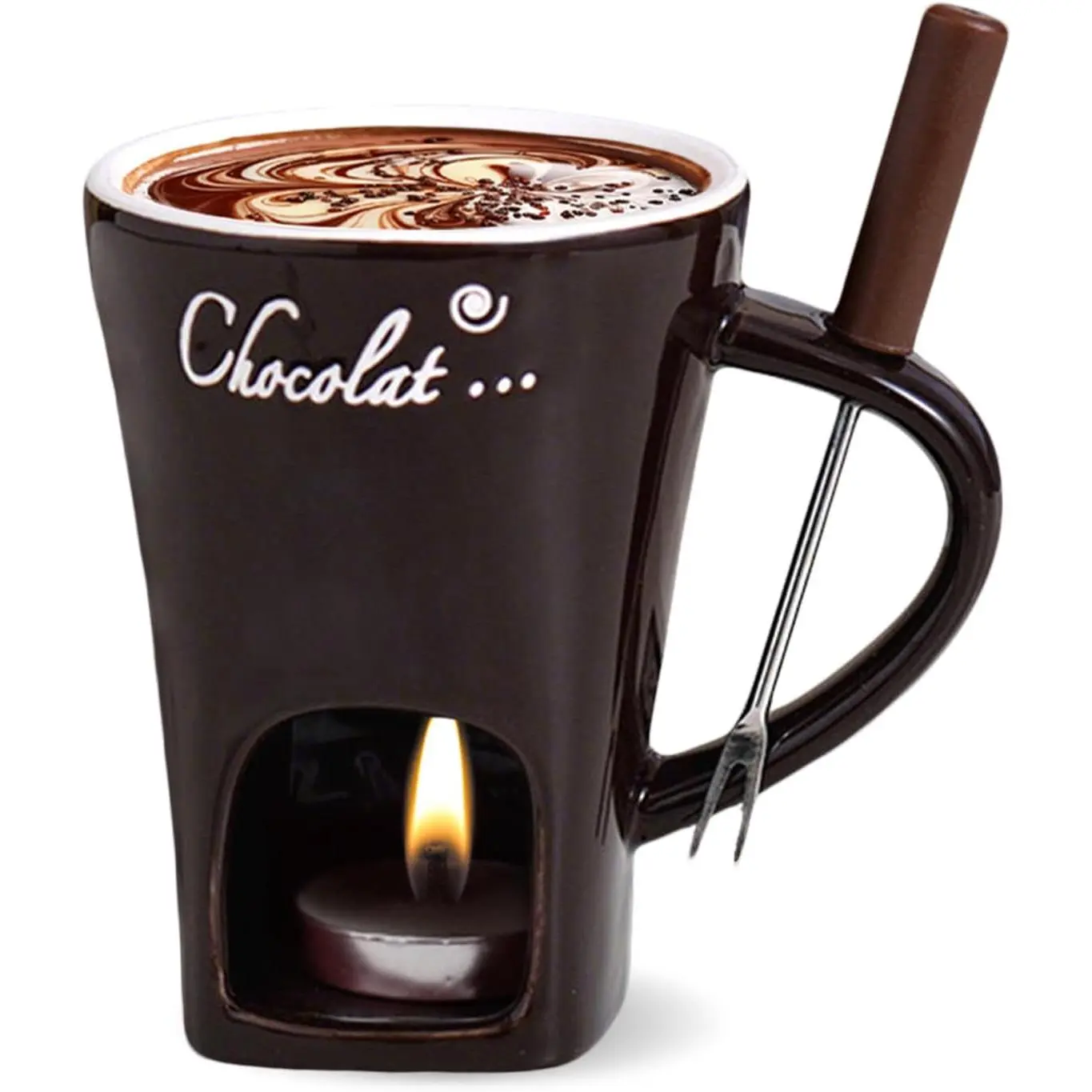 Mini Sweet Fondue Cup, Ceramic Coffee Warmer Mug, Portable  Melting Cup with Fork for Cheese,  for Adult/ for Camping/Date/Movie Night/Birthday/Wedding Gifts (Brown)