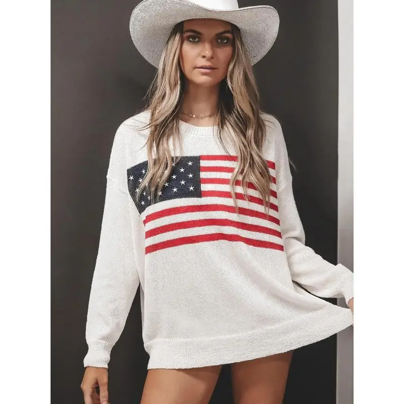 Women's US Flag Print Long Sleeve Sweater Top Patriotic Red White & Blue Casual Crewneck Pullover Machine Washable for Spring Summer Fall NC 2818305 Womenswear Fabric