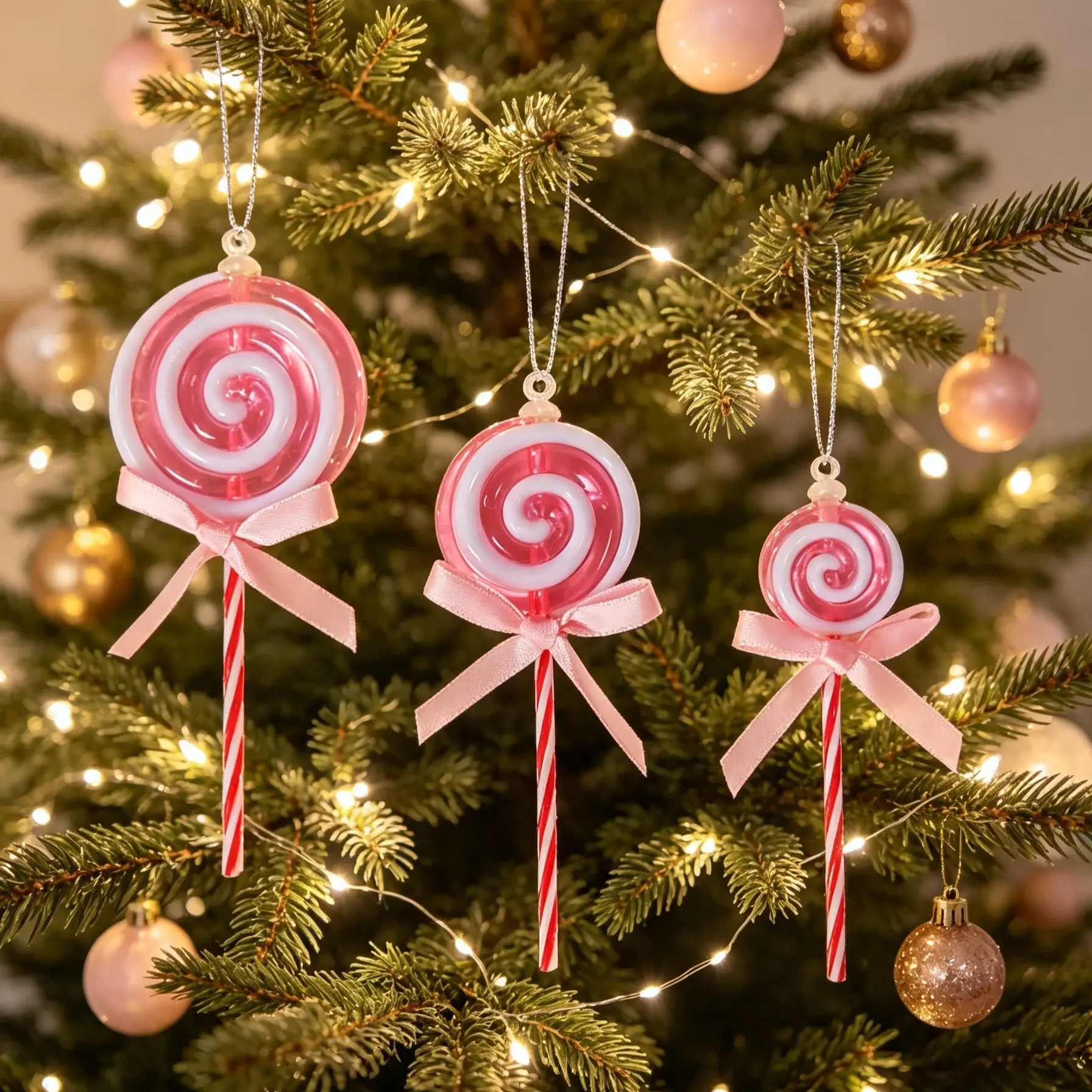 18 Pcs Lollipop Christmas Ornaments, 6 Each Large Medium Small Mixed Sizes, Vintage Candy‑Style Plastic Hanging Decor with Bows, Xmas Tree Ornaments for Holiday Party & Home Festive Decoration