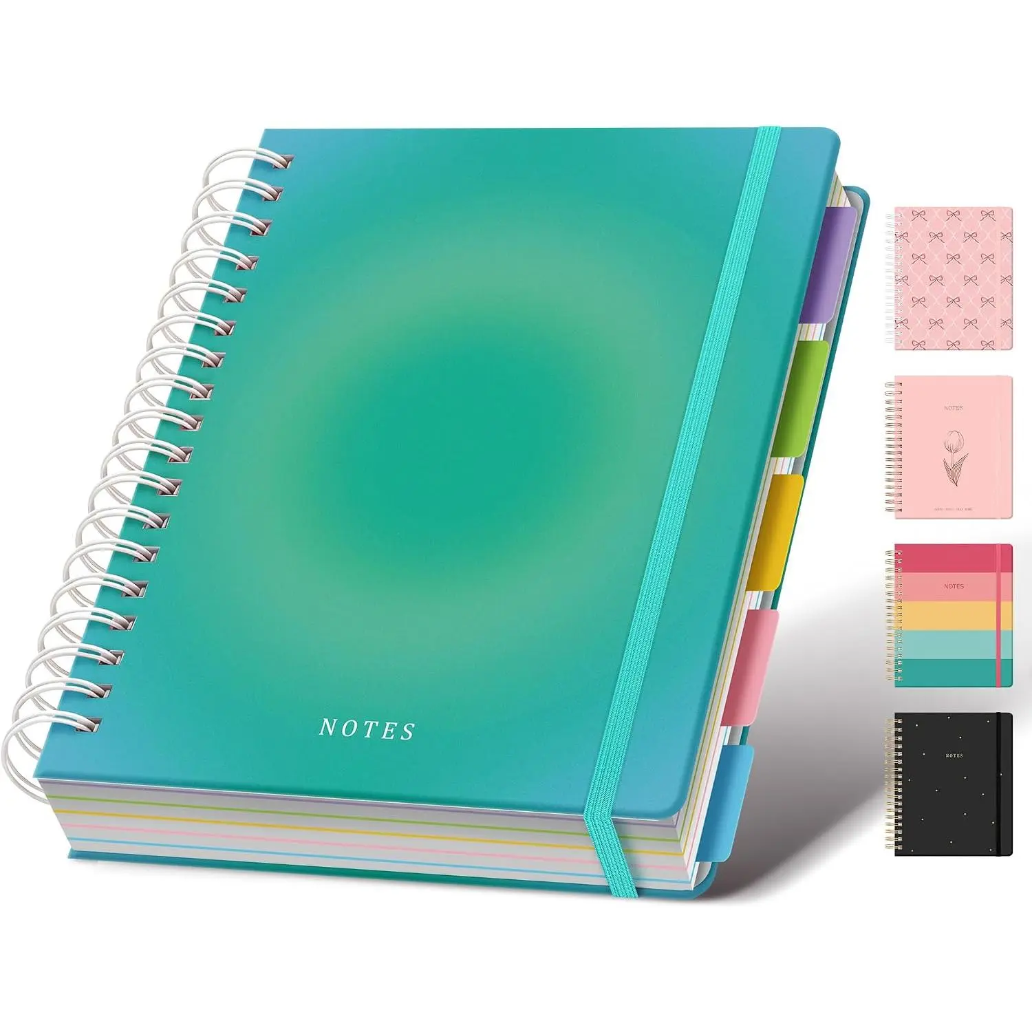 Hardcover Spiral Notebook Journal for Women & Men, Cute 5 Subject Notebook College Ruled for School & Work, Journaling Notebooks with Removable Dividers Tabs, 8" x 10", 300 Pages, Teal Gradient