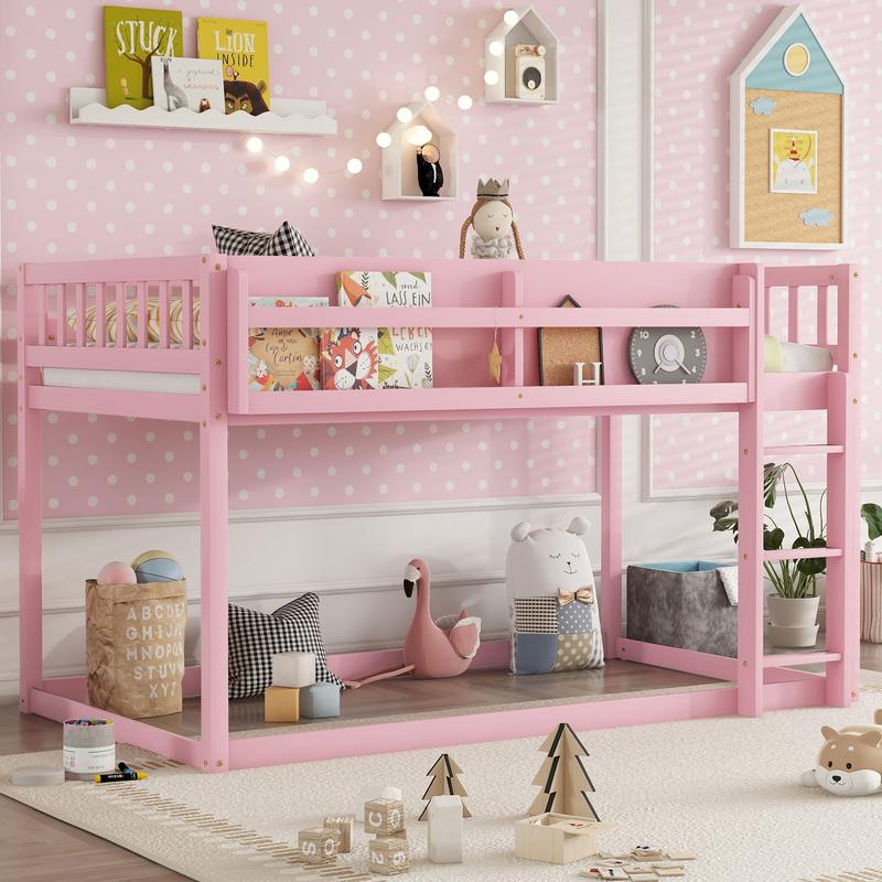 Twin Low Bunk Beds Frame, Wooden Bunk Bed Frame Twin Over Twin, Convertible Floor Bunk Bed with Storage Shelf & Ladder, No Box Spring Needed (Pink)