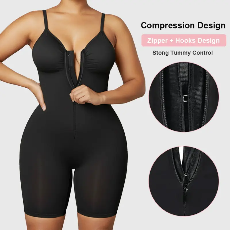Women's Cute Zip-Up Shapewear Bodysuit - Ultra Stretch Fabric, Customizable Fit, Breathable Mesh Design
