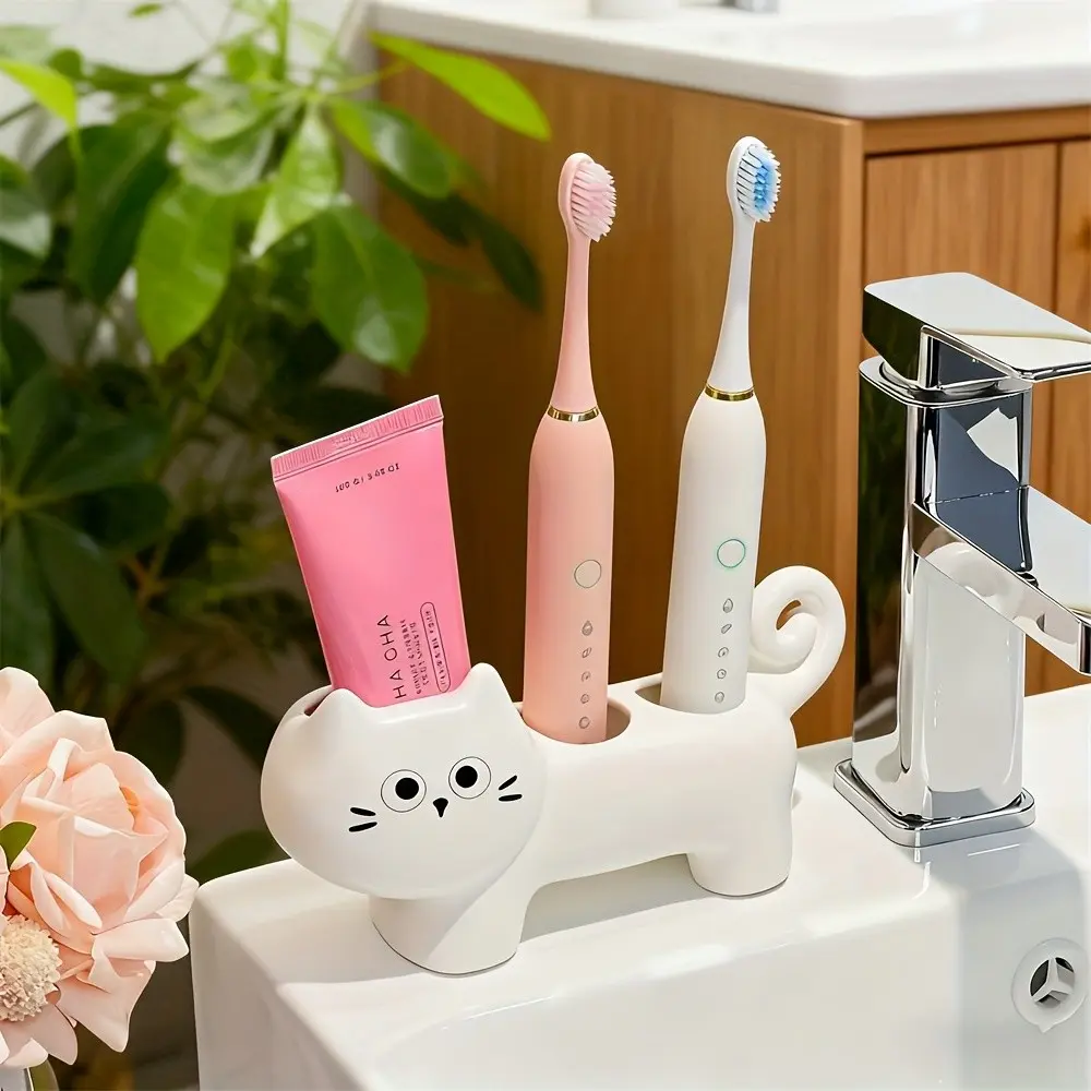Creative Cat-Shaped Toothbrush Holder, Durable Ceramic Bathroom Organizer, Toothbrush Holders for Bathrooms, Multi-Functional Storage for Home & Hotel, Valentine's Gift Idea