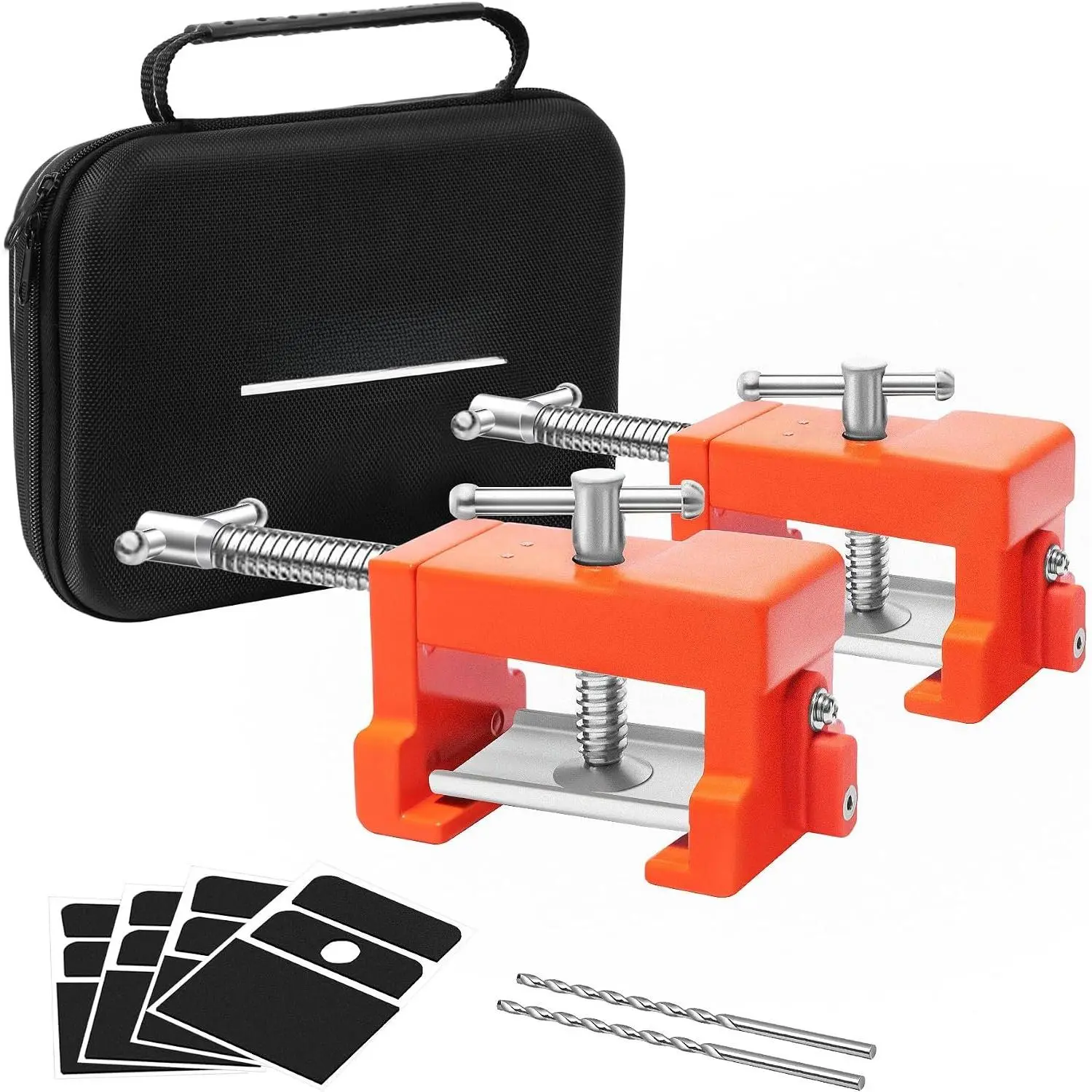 2 Pack Cabinet Clamps with Protective Case & Drill Bit - Heavy Duty  Frame Clamps for Woodworking, Cabinetry, DIY - Orange Alignment Claw Clamp (Includes Extended Drill Bit)