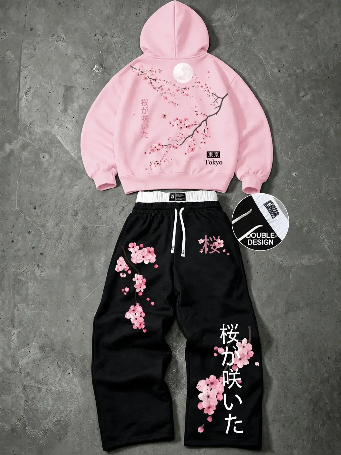 Men's Two-Piece Fashion Casual Suit, Japanese Cherry Blossom Graphic Print Hoodie and Drawstring Wide Leg Pants, Loose Fit Streetwear