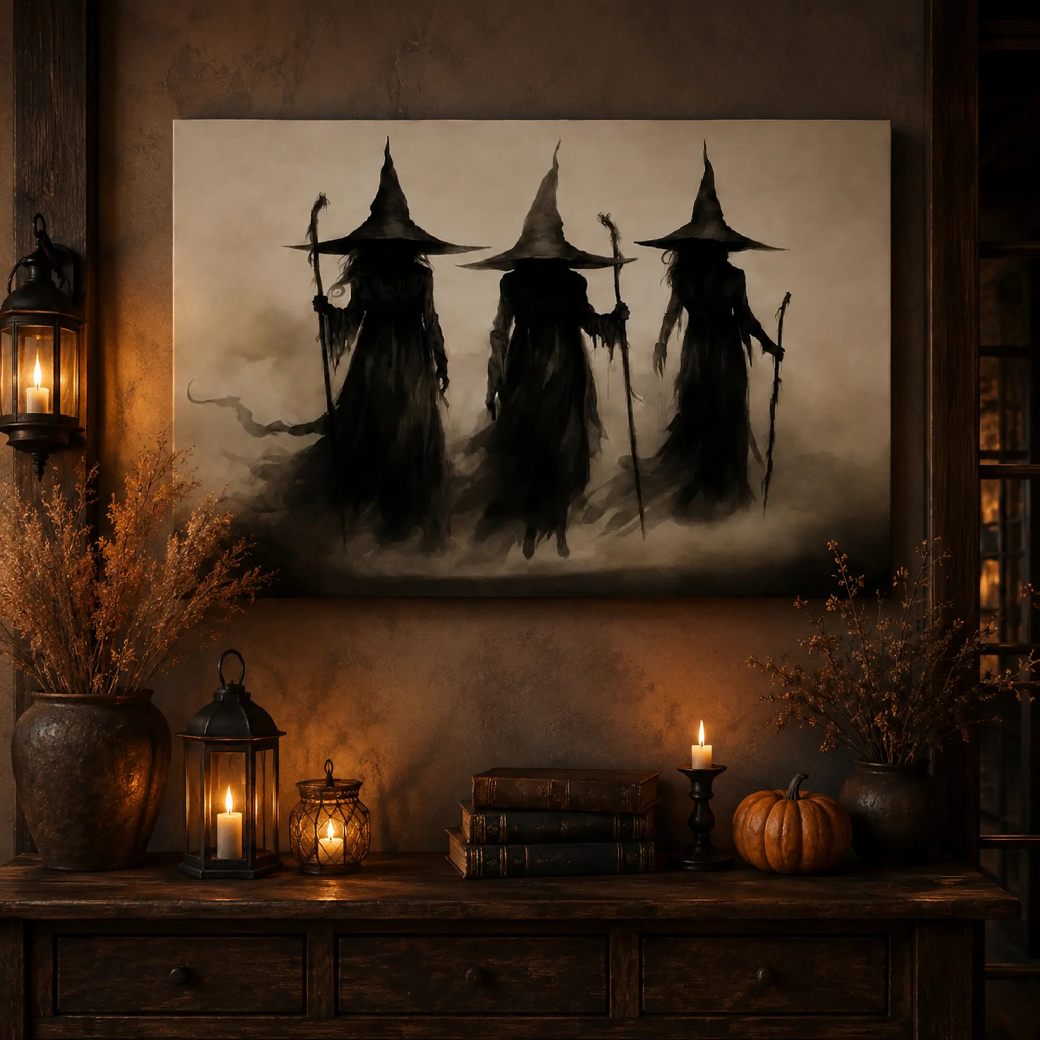 Three Witches Canvas Wall Art Poster,Gothic Witch Painting, Dark Fantasy Halloween Decor, Spooky Vintage Wall Art for Living Room, Bedroom, Man Cave & Office