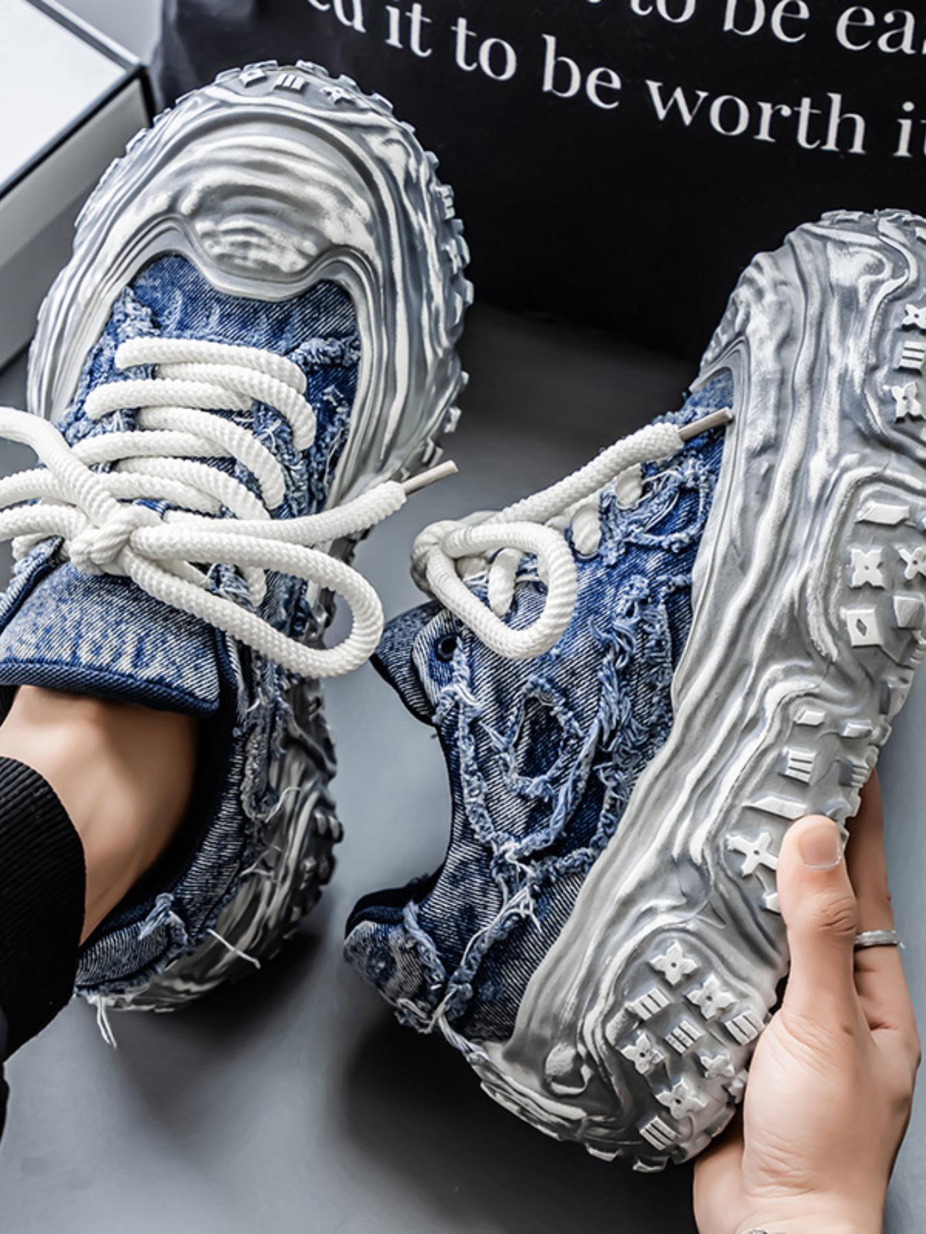 Men's Distressed Denim Chunky Platform Sneakers, Frayed Retro Streetwear Shoes, Avant-Garde Footwear for American Fashion Lovers