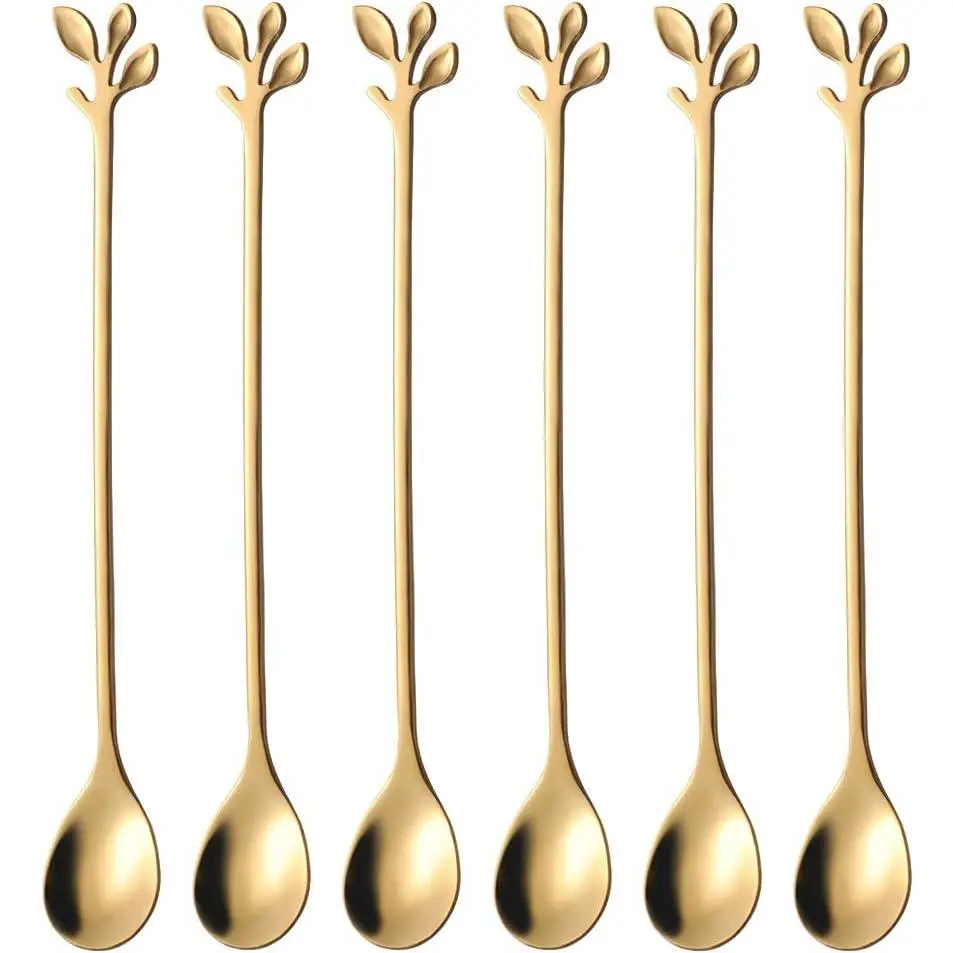 6- Elegant  Leaf Long Handle Teaspoons - 7.4" | Stainless Steel Stir Spoons for Coffee & ,  for Mixing & Stirring