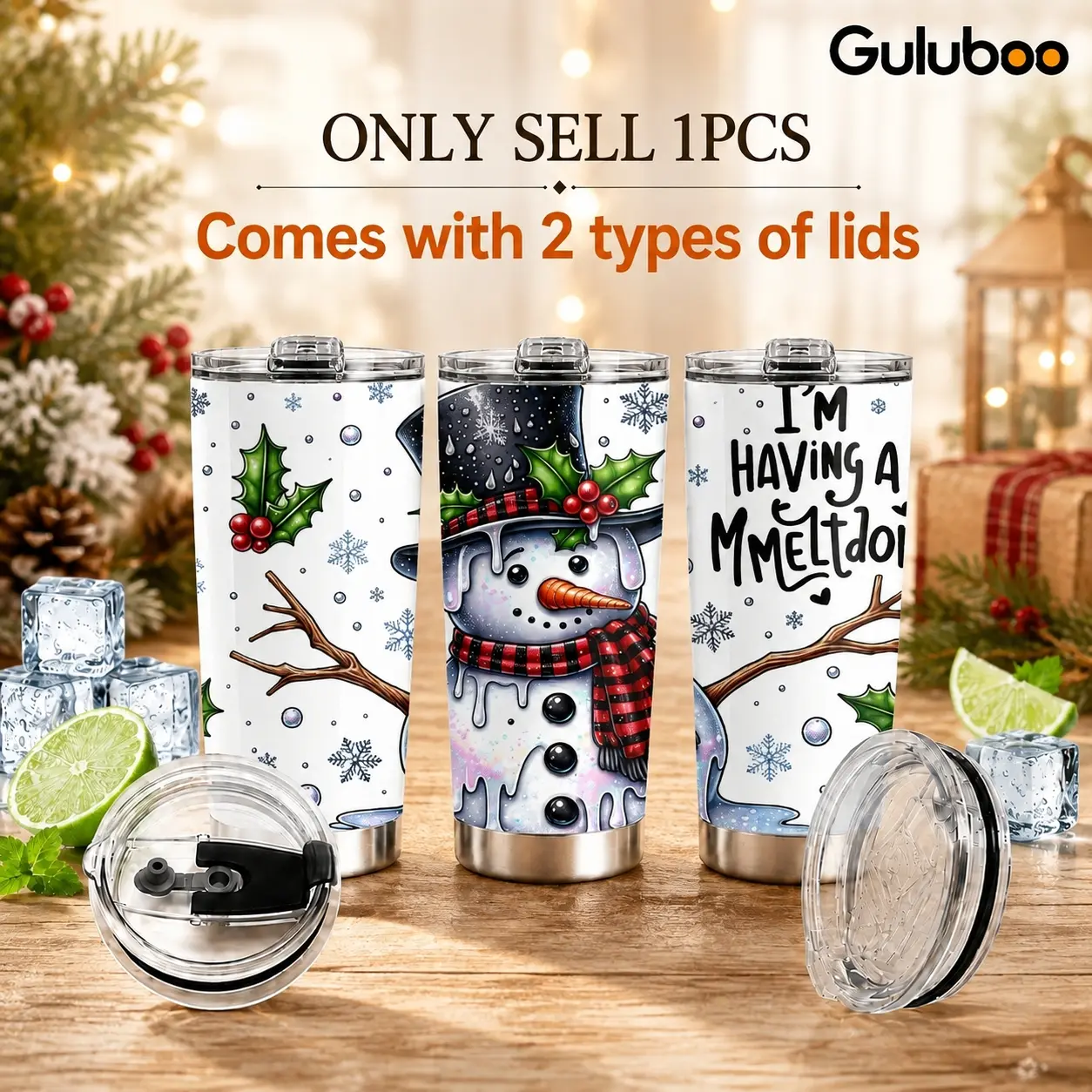 Guluboo Melting Snowman Christmas 20oz Tumbler, Cute Winter Holiday Stainless Steel Insulated Coffee Cup with 2 Lids and Straw, Festive Travel Mug for Women Home Office Work Commute Daily Use and Gifts