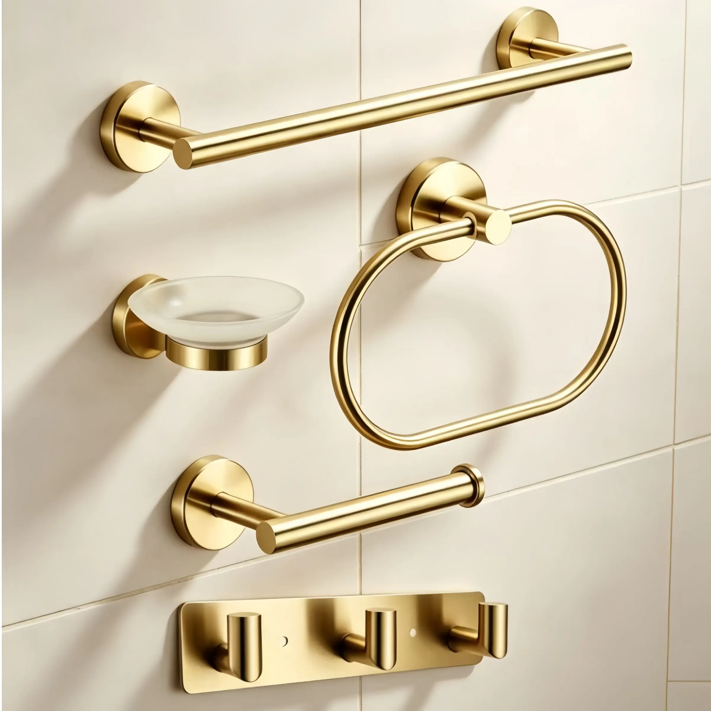 Bathroom Storage Set, Wall-Mounted Soap Holder, Stainless Steel Towel Rack, Hat Hook, Towel Ring, Toilet Paper Holder, 5-Piece Kit, Bathroom Sets