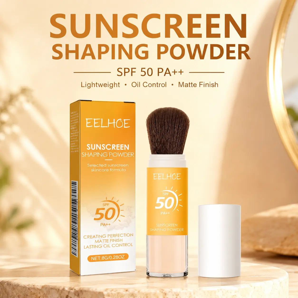 EELHOE SPF 50 Sunscreen Setting Powder with Built-In Brush, Lightweight Oil Control Face Powder, Matte Finish, 0.28 oz / 8 g