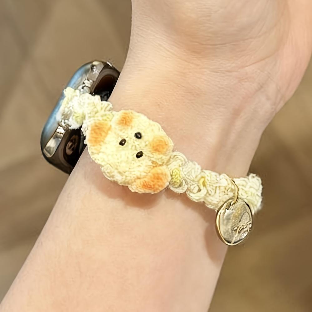 Stylish Cute Scrunchie Gradual Change Elastic Bands with 3D Puppy Dog Pendant for Apple Watch Band 46mm 45mm 44mm 41mm 42mm 38mm 40mm 49mm Ultra 2 Kawaii Adjustable Nylon Straps for iWatch Series 10 9 8 SE 7 6 Stylish Smartwatch Wristband
