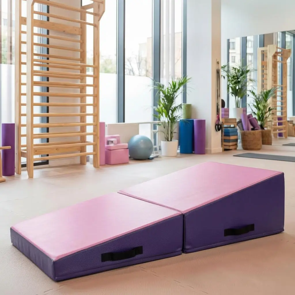 High-Density Foam Incline Gymnastics Mat - Cheese Inclined Tumbling and Backbend Trainer - Waterproof Cover - Ideal for Gymnastics, Cheerleading, Martial Arts - Pink Purple