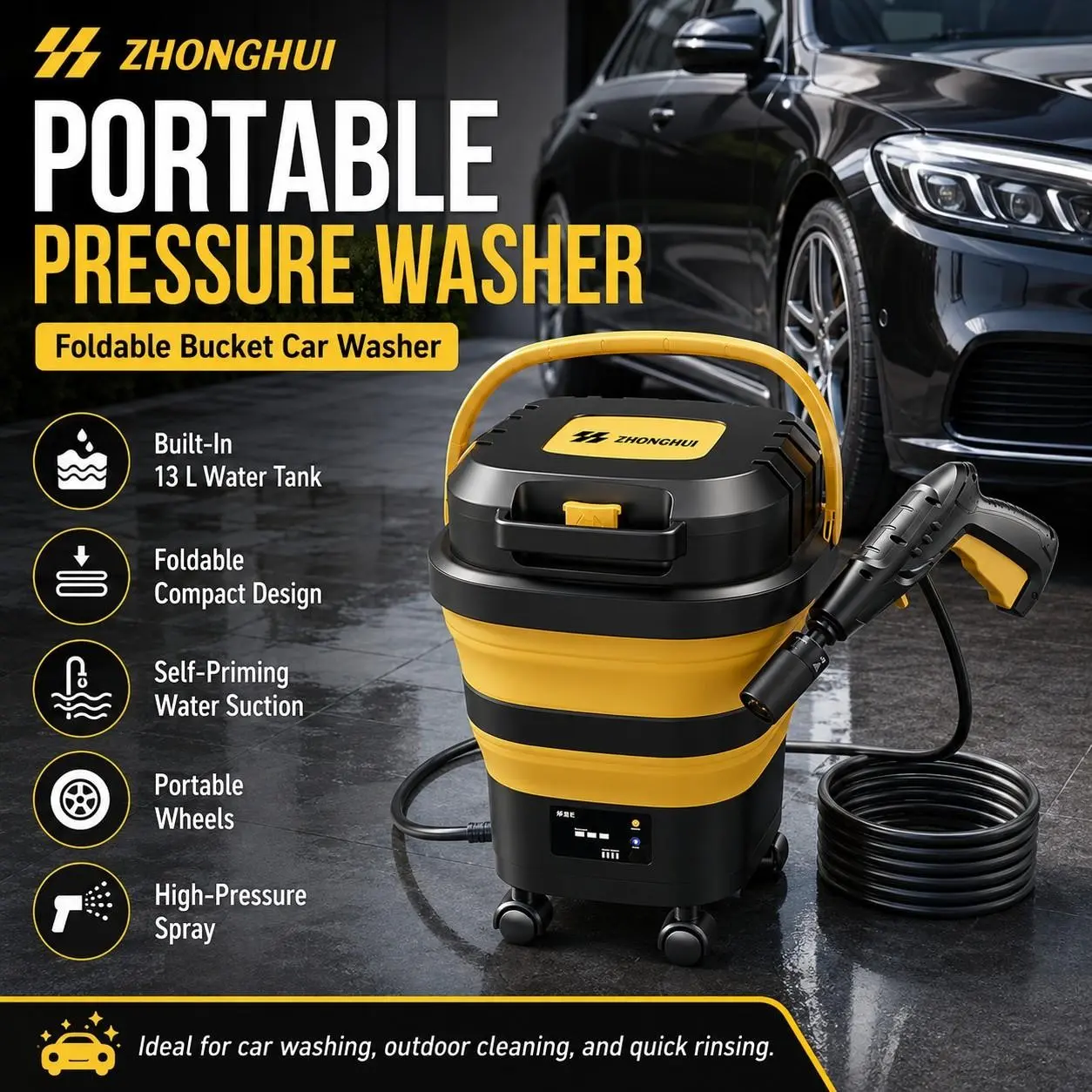 Wireless Car Washer with Foldable Water Tank, Adjustable Settings, High-Pressure Wheel Wash Gun, Bucket-Style Cleaning Machine