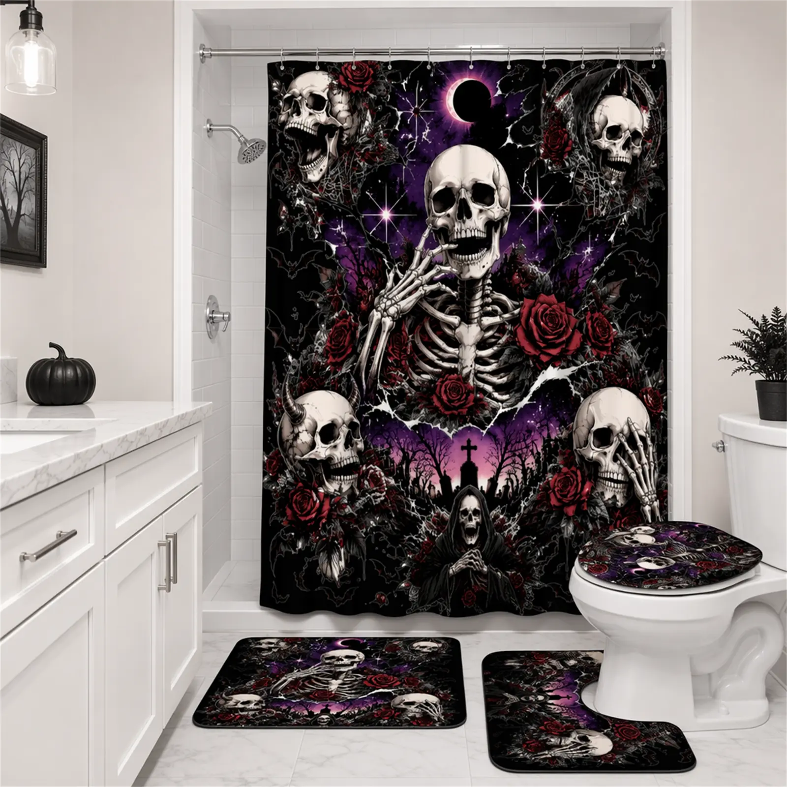 Goth Skeleton 4 Piece Shower Curtain Bathroom Set, Gothic Crescent Moon Starry Sky Bat Red Rose Skull Print, Waterproof Fabric Shower Curtain, Non Slip Bath Mat, U-Shaped Contour Rug, Toilet Lid Cover with 12 Hooks, Dark Spooky Bathroom Decor