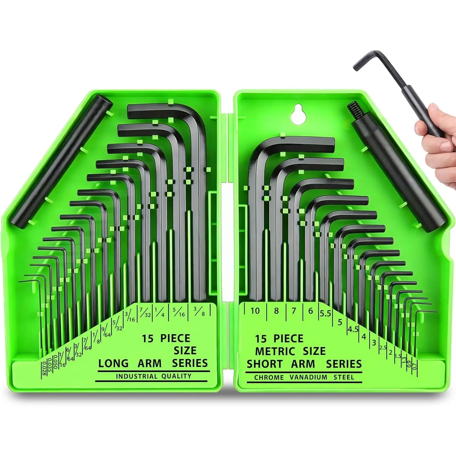 32-piece garden tool set with hex wrenches, SAE and metric hex wrenches MM(0.7mm-10mm) SAE(0.028"-3/8), L-shaped, chrome vanadium steel, easy to organize