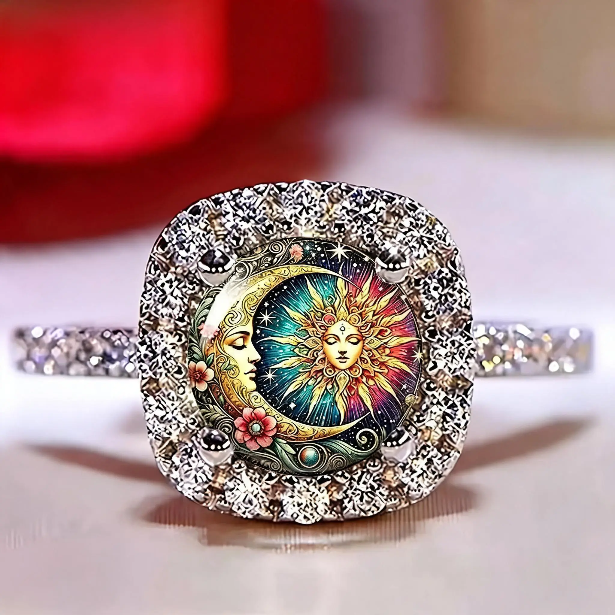 Sports & Outdoor Accessory Celestial Sun-Moon-Star Ring with Rhinestone Crystal Frame, Vintage-Inspired Adjustable Statement Jewelry for Women, Ideal for Daily Wear & Special Occasions