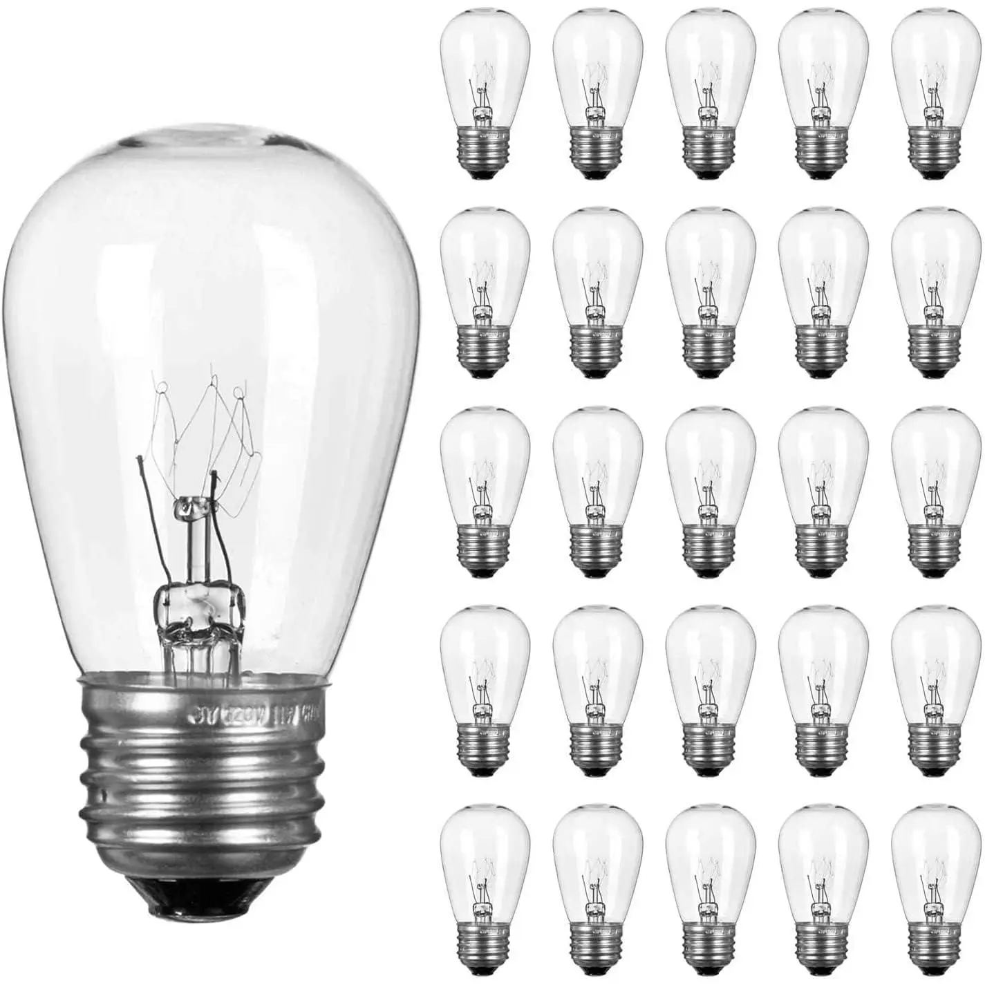 26 Pack S14 Incandescent Light Bulbs - 11W 2700K Warm White, Waterproof Glass, Dimmable E26 Edison Bulbs for Outdoor String Lights, Patio Lighting & Replacement Bulbs, UL Listed