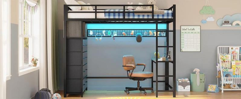 Sikaic Twin Size LED Loft Bed Frame with Desk and 8 Drawers Grey Safety Guardrail Effective Space Saving Sikaic Twin Size LED Loft Bed Frame with Desk and 8 Drawers Grey Safety Guardrail Effective Space Saving